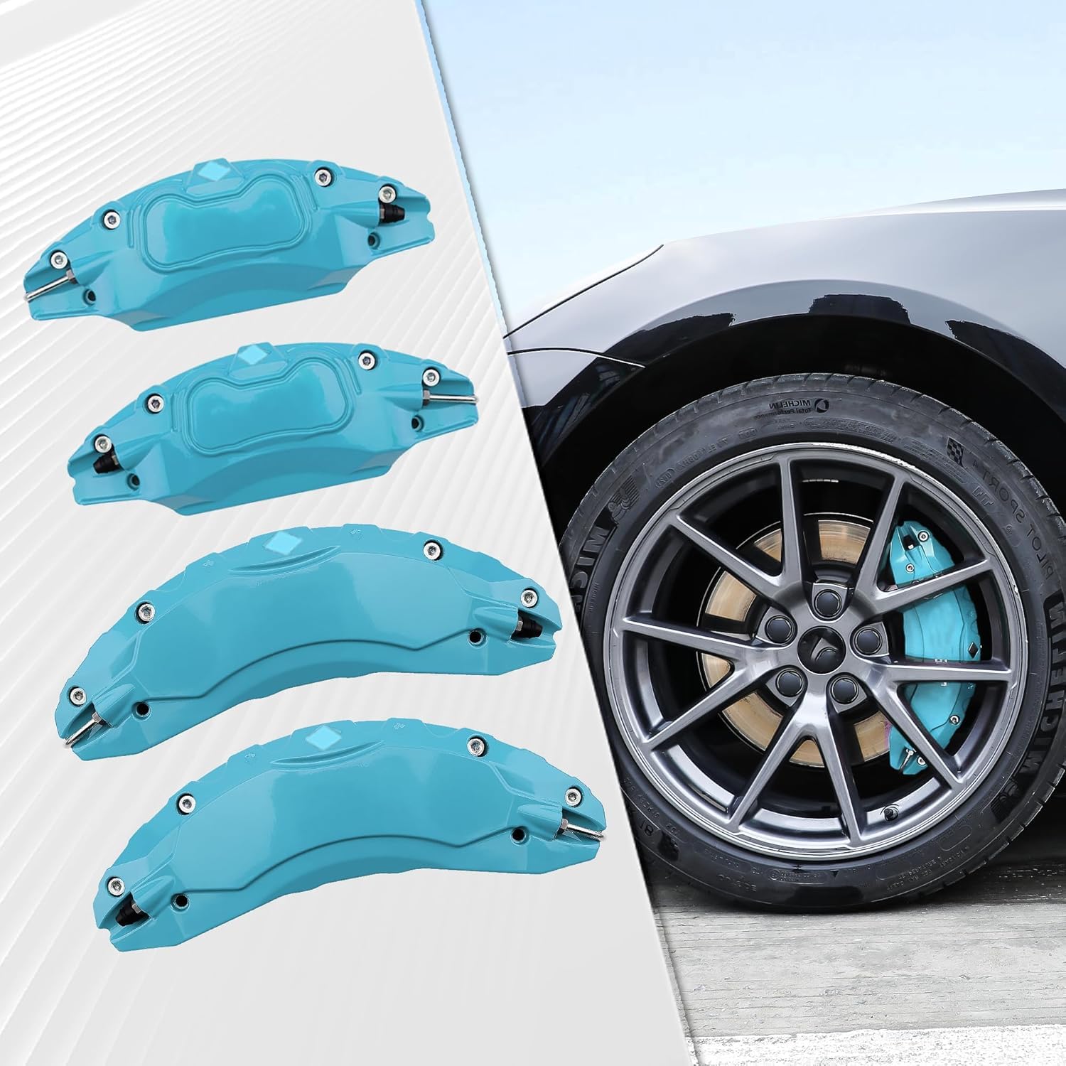 HEYOUTH 4 Piezas de 19 Pulgadas 20 Pulgadas Cubiertas de Pinza de Freno de Disco de Coche,Protector de Pinza de Freno de Disco de Aleación de Aluminio,Compatible para Tesla Modelo Y (azul claro)