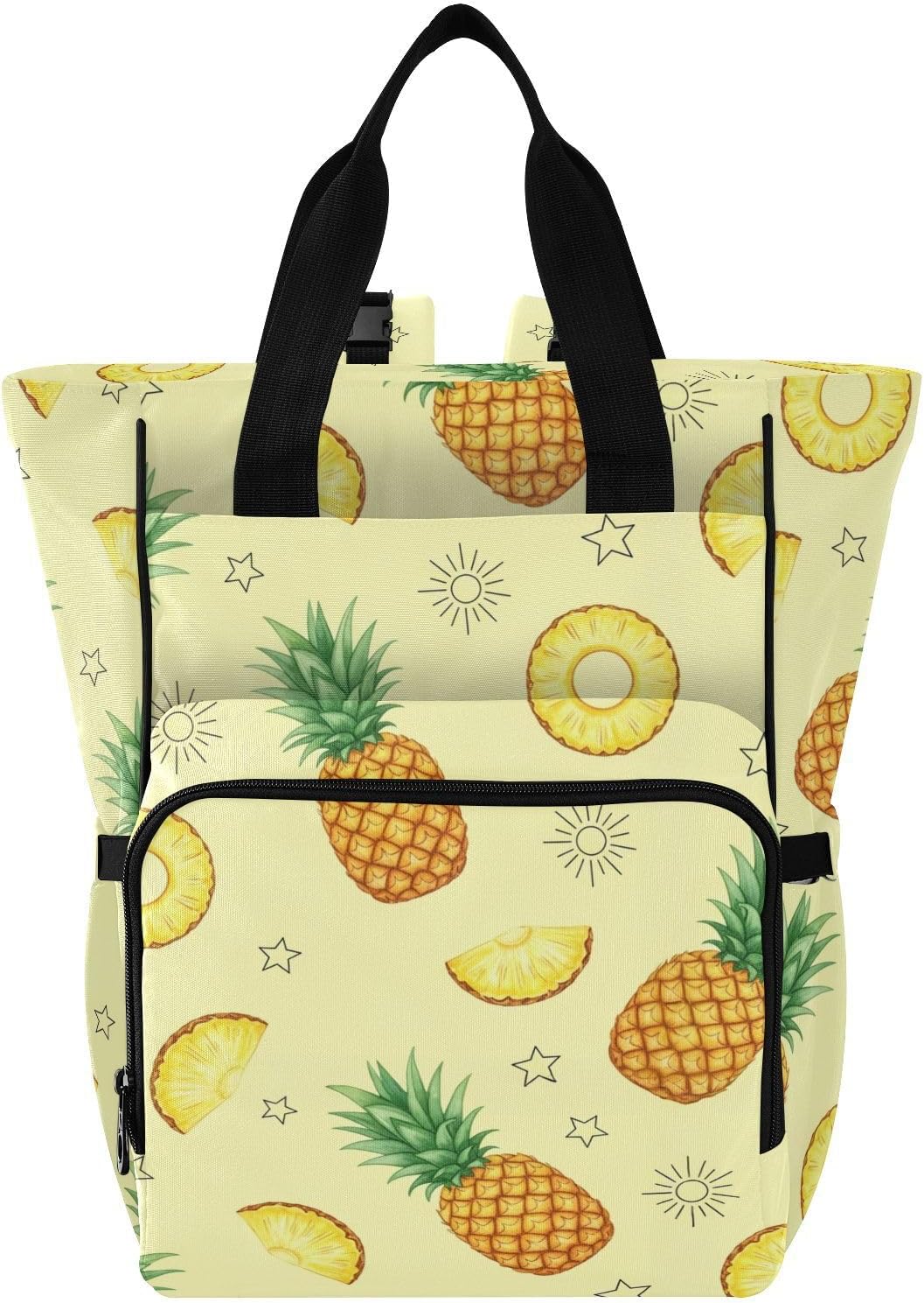 SPRIPORT Tropical Pineapple Stars Yellow Print Diaper Bag Backpack for Baby Boys Girls Multifunction Baby Essentials Travel Tote with Stroller Straps & Bottle Storage Baby Diaper Bag for Moms Dads