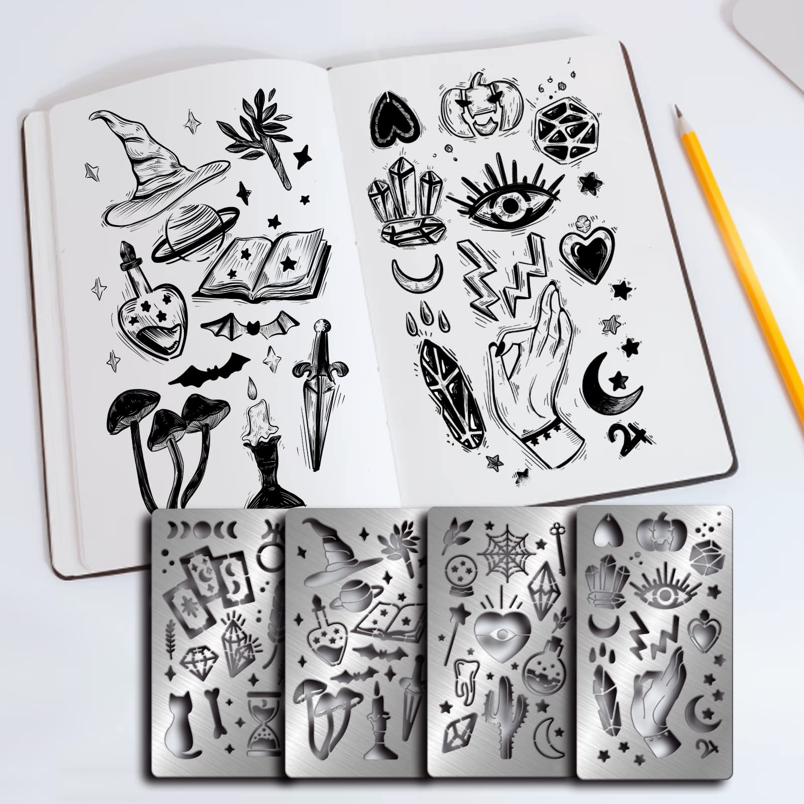 FINGERINSPIRE 4 Pcs Magic Theme Metal Stencils Template, Stainless Steel Drawing Painting Stencils for Card Making Scrapbooking DIY Etched Dies