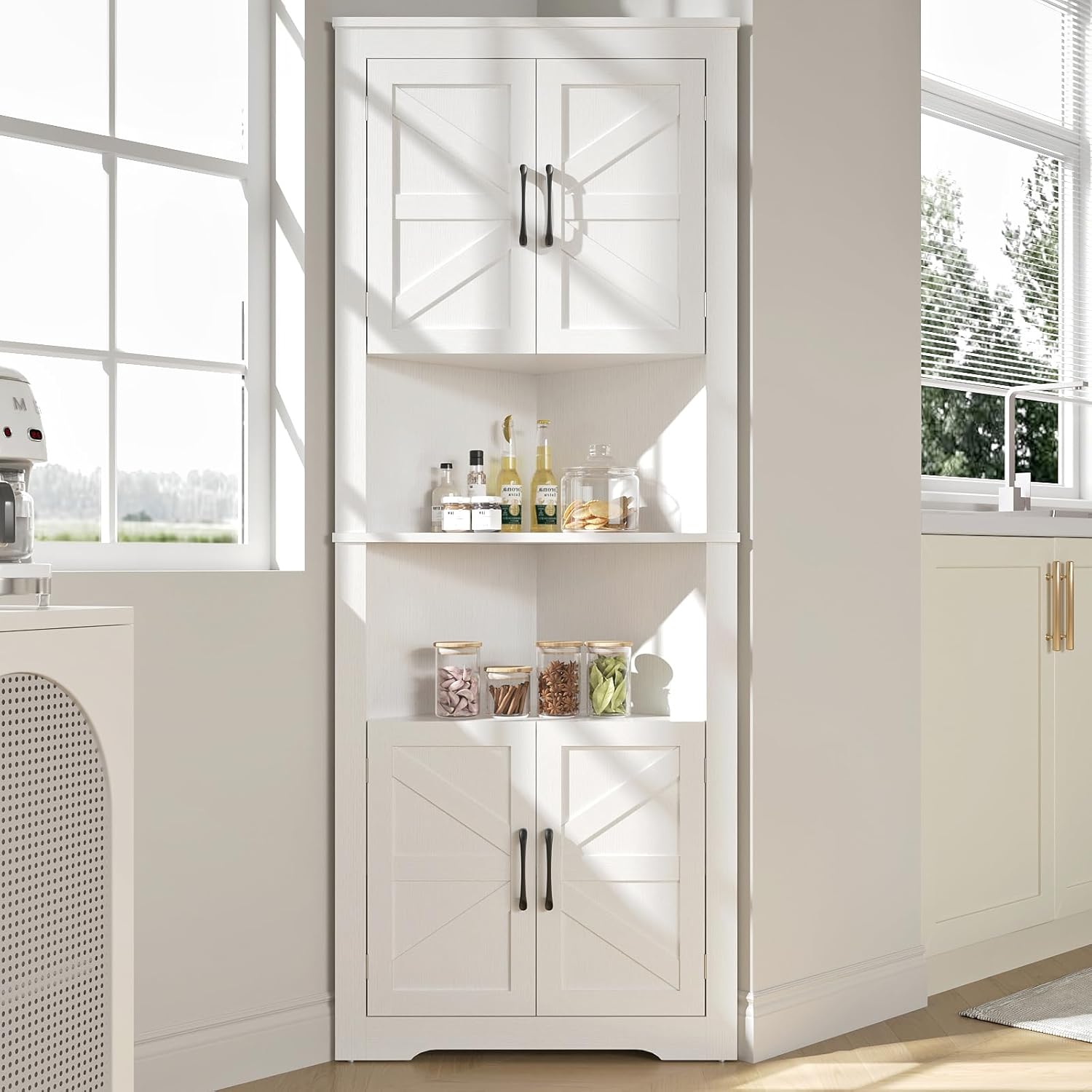 Corner Cabinet 67” Tall, Farmhouse Corner Cabinet with Doors and 5 Shelves, Bathroom Cabinet Organizer Home Space Saver for Kitchen, Living Room, White