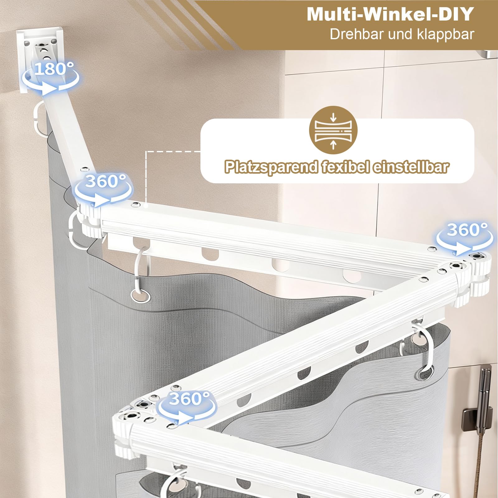 Barra de cortina de ducha plegable sin necesidad de taladrar, plegable en 4 posiciones y giratoria, aleación de aluminio, con 180 x 200 cm, cortina de ducha impermeable antimoho, para baño (blanco