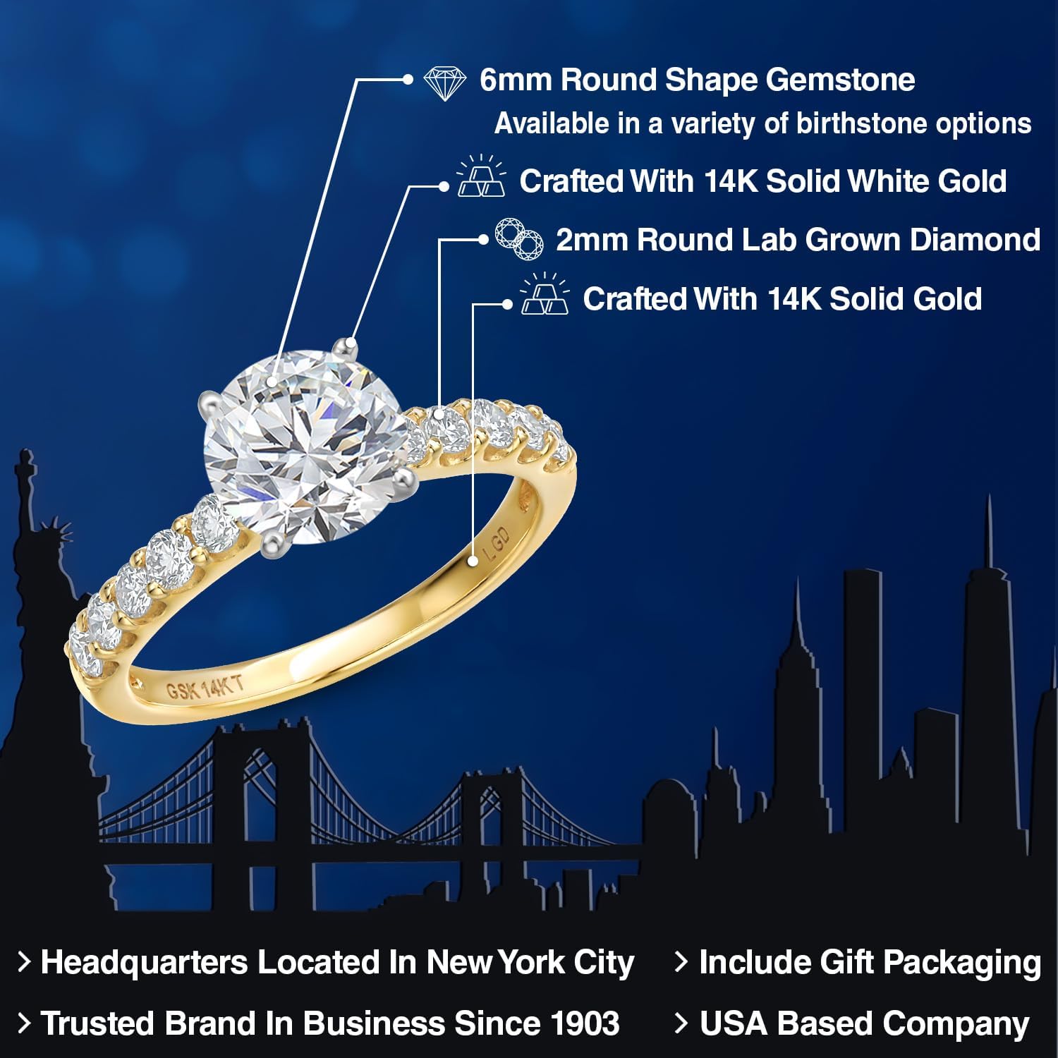 Gem Stone King 14K Two Tone Gold Gemstone Birthstone and White Lab Grown Diamond Engagement Ring For Women | Round 6MM and 2MM | Wedding Anniversary Promise Ring | Available in Size 5,6,7,8,9 - Image 2