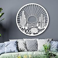 Vista 7 de Arte de pared de metal de cactus del desierto, decoración de pared redonda del desierto con diseño de cactus y puesta de sol, arte de pared de metal