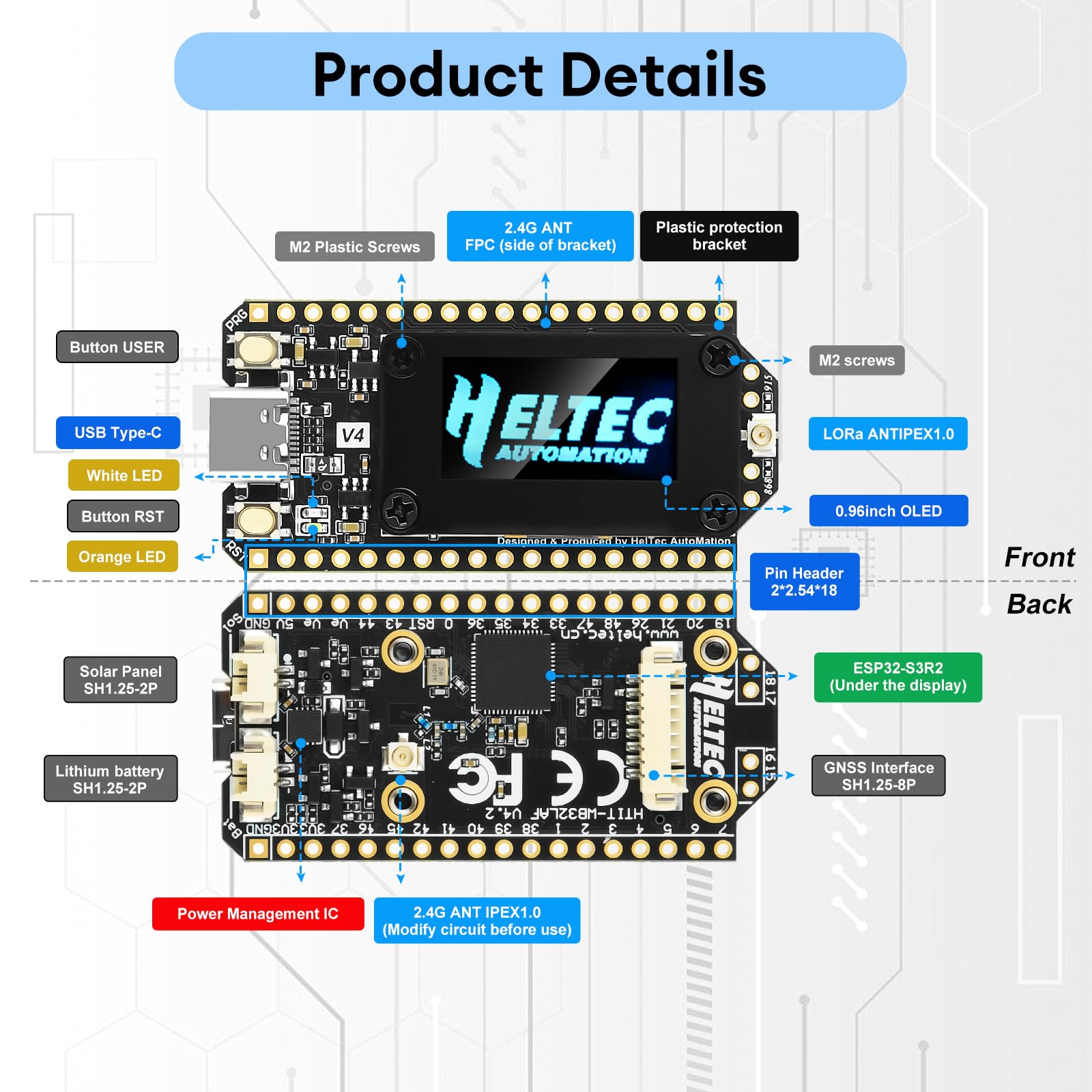 diymore 2PCS Placa de Desarrollo ESP32 Lora V4 con módulo GPS, Arquitectura ESP32 S3 Lora Mejorada, Flash de 16 MB, Antenas de 863-928 MHz, Compatible con GPS y energía Solar para Arduino