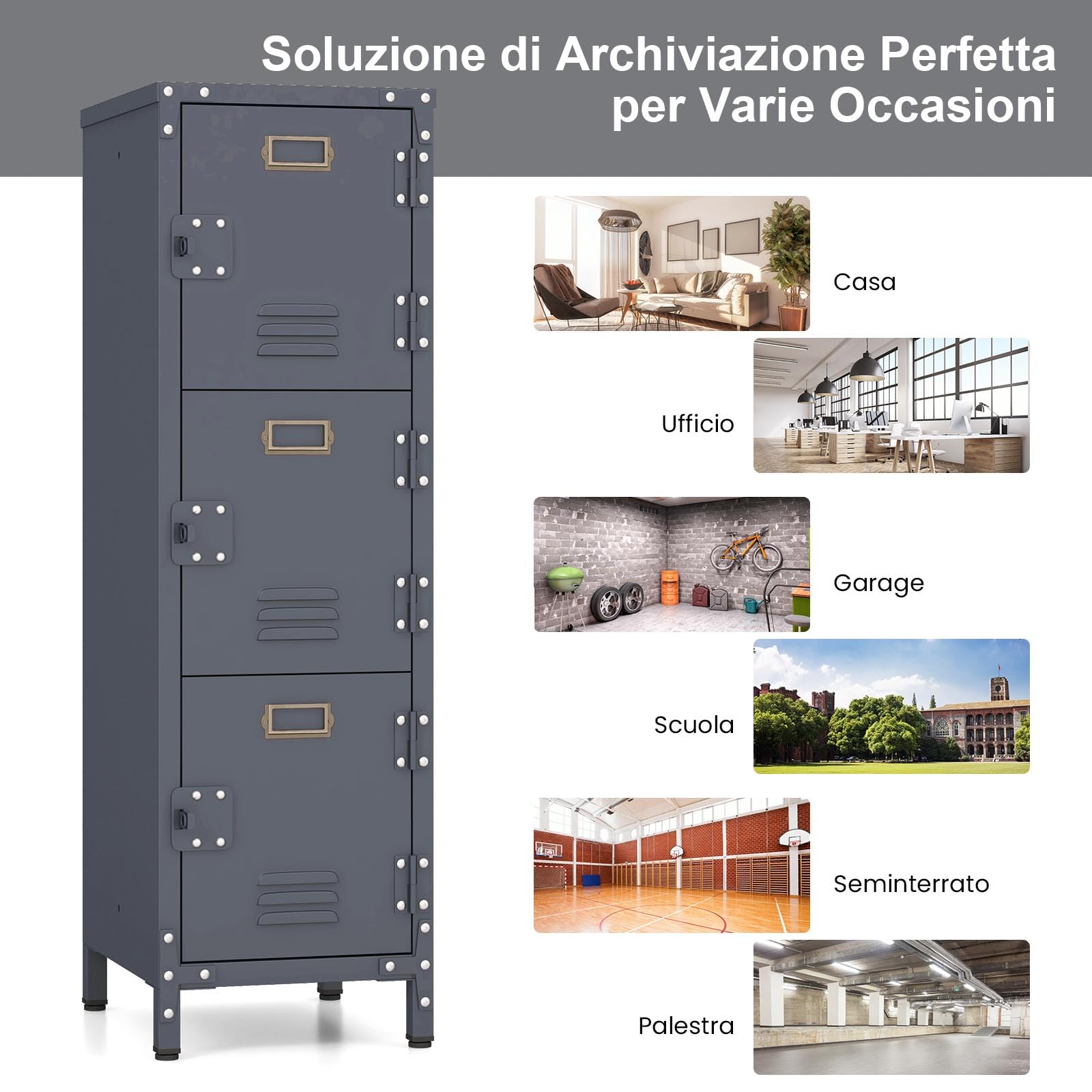COSTWAY Armadio in Metallo con 3 Porte Chiudibili, Piedini Regolabili, Dispositivo Anti-Ribaltamento, Armadietto Verticale a 3 Ripiani per Casa, Ufficio, Scuola e Garage, 30 x 35 x 100 cm