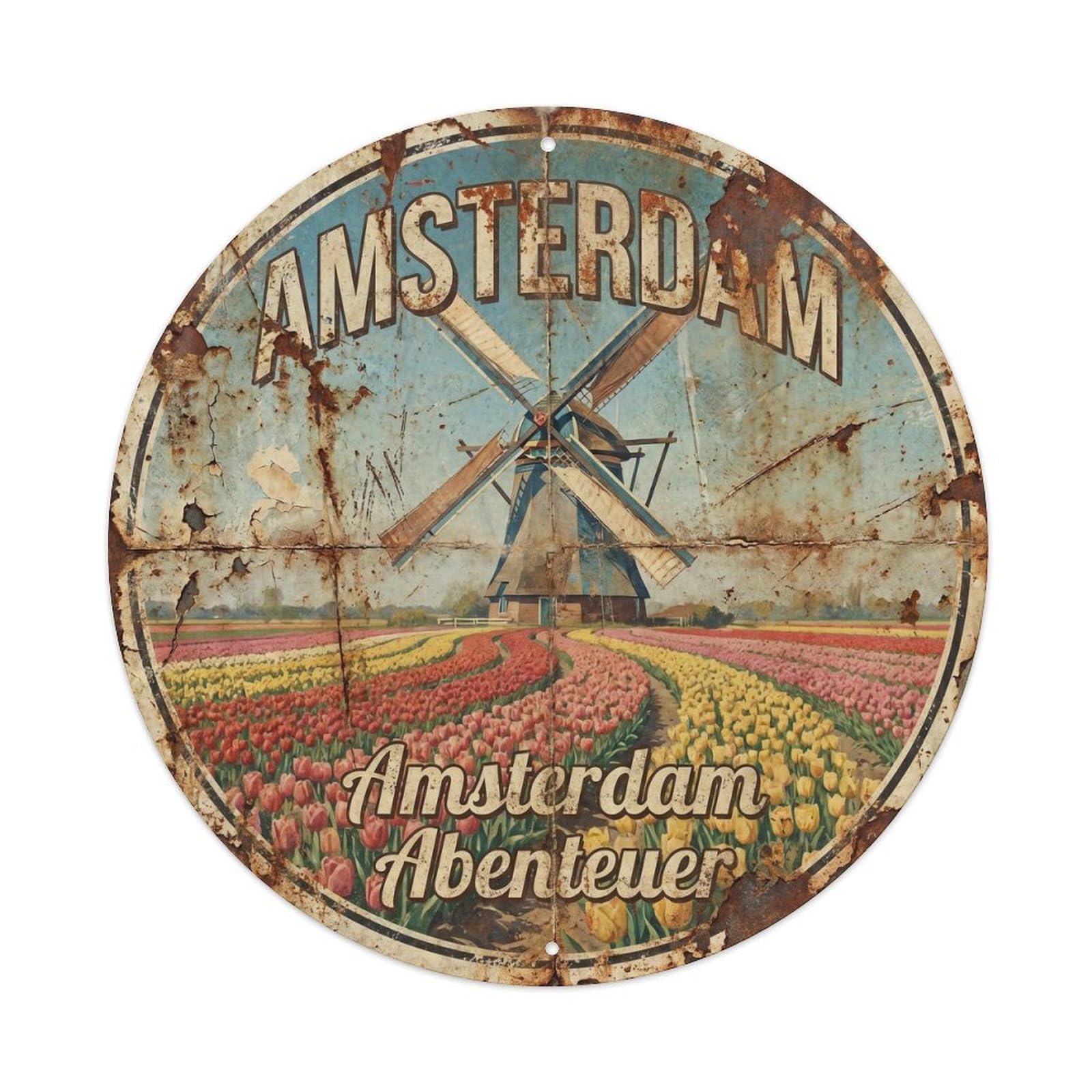 Amsterdam Windmill Tulips Vintage Netherlands Travel Metal Tin Sign Plaque Wall Decor for Cafe, Man Cave, Club Bar, Office, Home Garden Round Metal Poster 8x8Inch