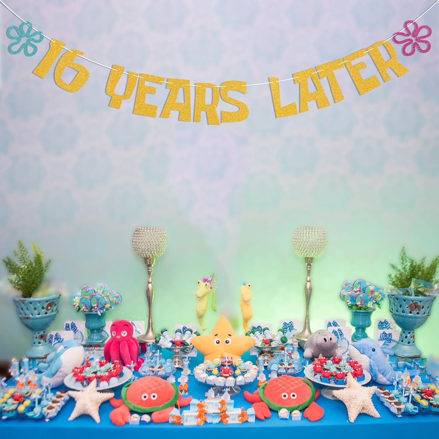 16 Years Later Banner - Cheers to 16 Years, Yellow Sponge Theme Cartoon 16th Birthday Anniversary Decorations Gold Glitter