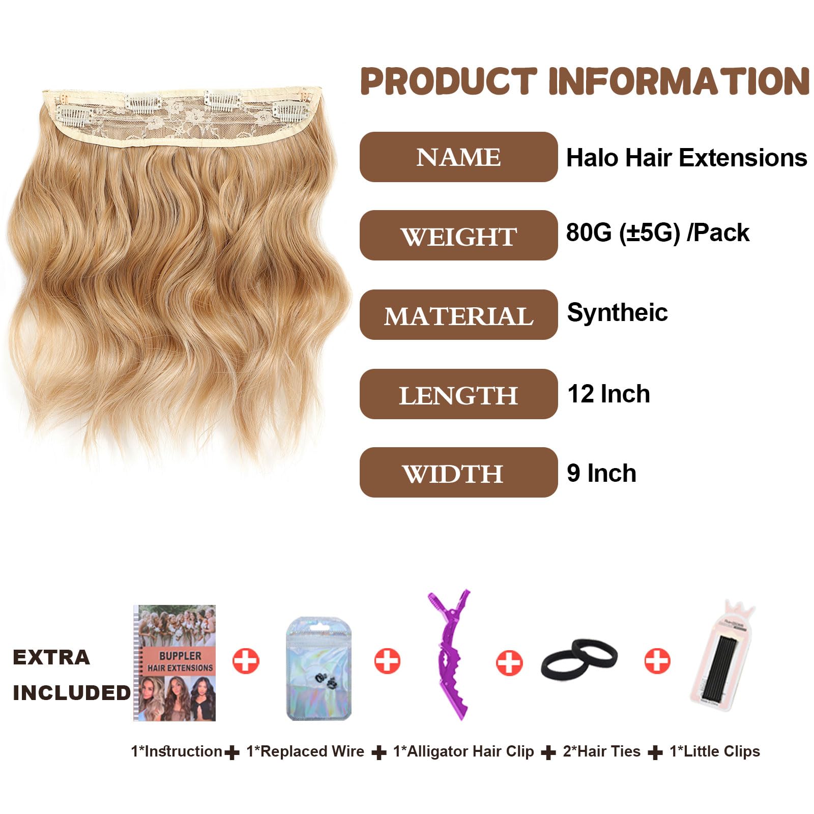 BUPPLER Halo Hair Extensions 12 Inch Invisible Wire Hair Extensions Adjustable Long Wavy Hairpiece Synthetic Upgrade 4 Secure Clips in Hairpieces 12 Inch,Medium Golden Brown - Image 2