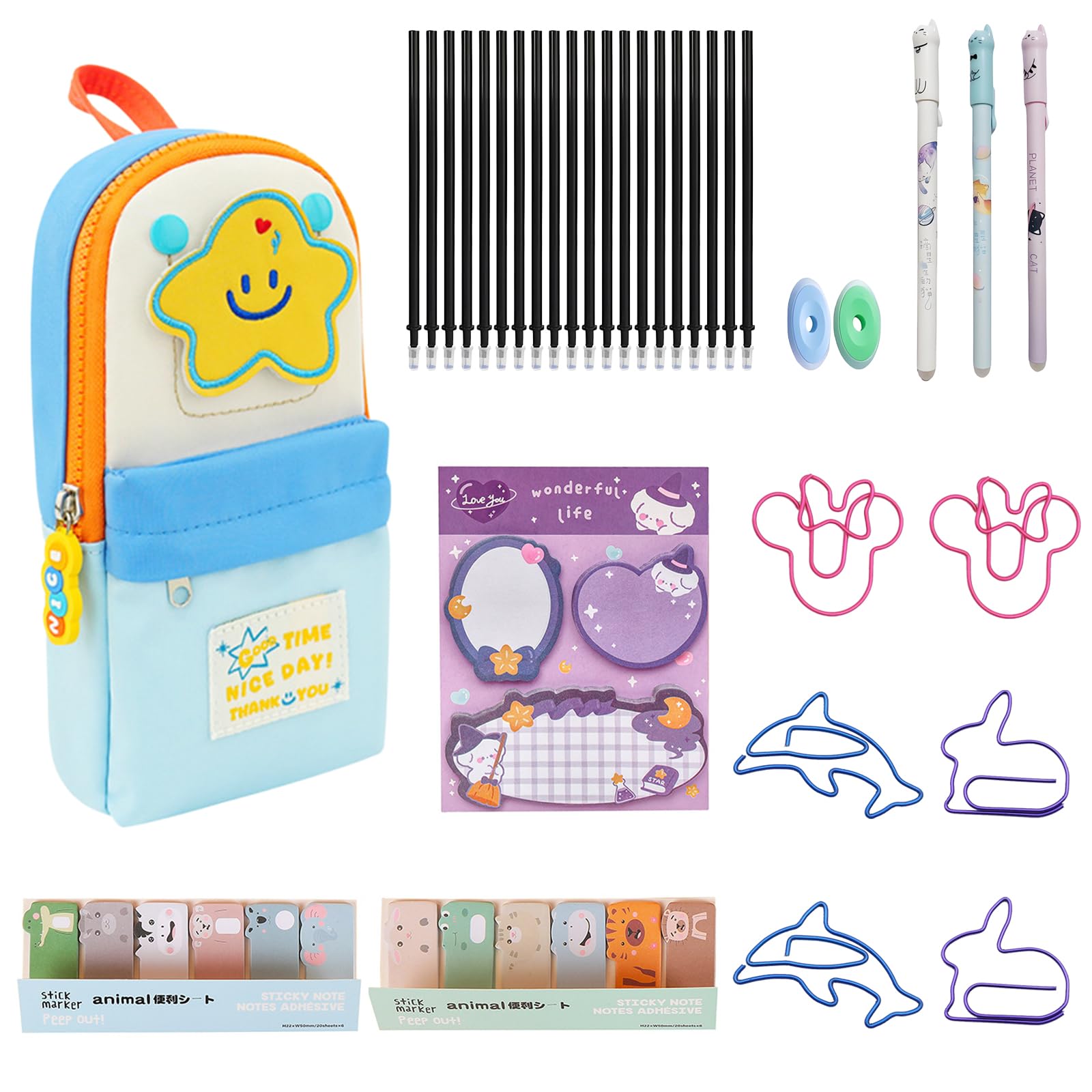 Raheem 35Pcs Cute Pencil Case Beautiful Stationery Set with Blue Star Pencil Pouch, 3 Gel Ink Rollerball Pens (0.5mm) with 20 Refills, 2 Erasers, 240 Notes Pages, 6 Paper Clips,1 Sticky Note (Blue)