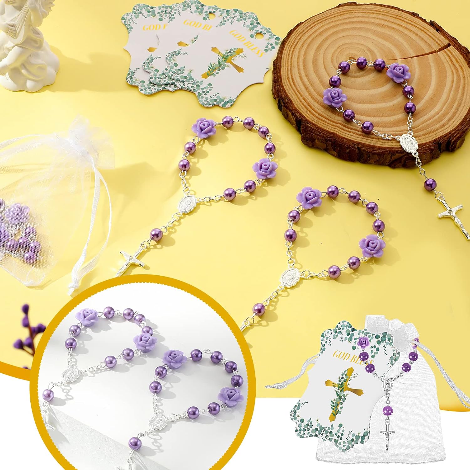 Jeyiour 96 Pcs Christian Catholic Favor Set Include 32 Finger Christian Rosaries Beads with Crucifix, 32 Organza Bags and 32 God Bless Tags Christening Wedding Party Favors(Purple Gold)