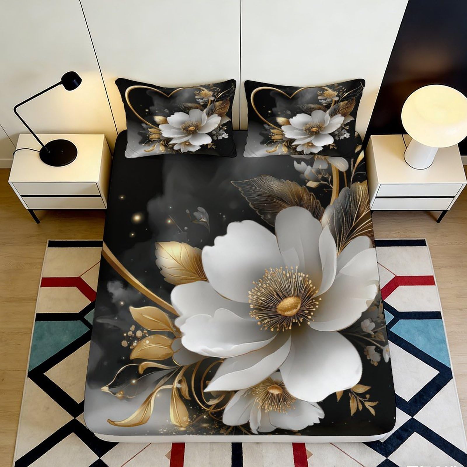 Kzqjxnhpcr Style-5 3D Printed Floral Fitted Sheet Microfiber Deep Pocket Bedroom Bedding Set Artistic Mattress Fitted Cover Non-Slip Full Wrap Washable 90X200x25cm 90X200x25cm