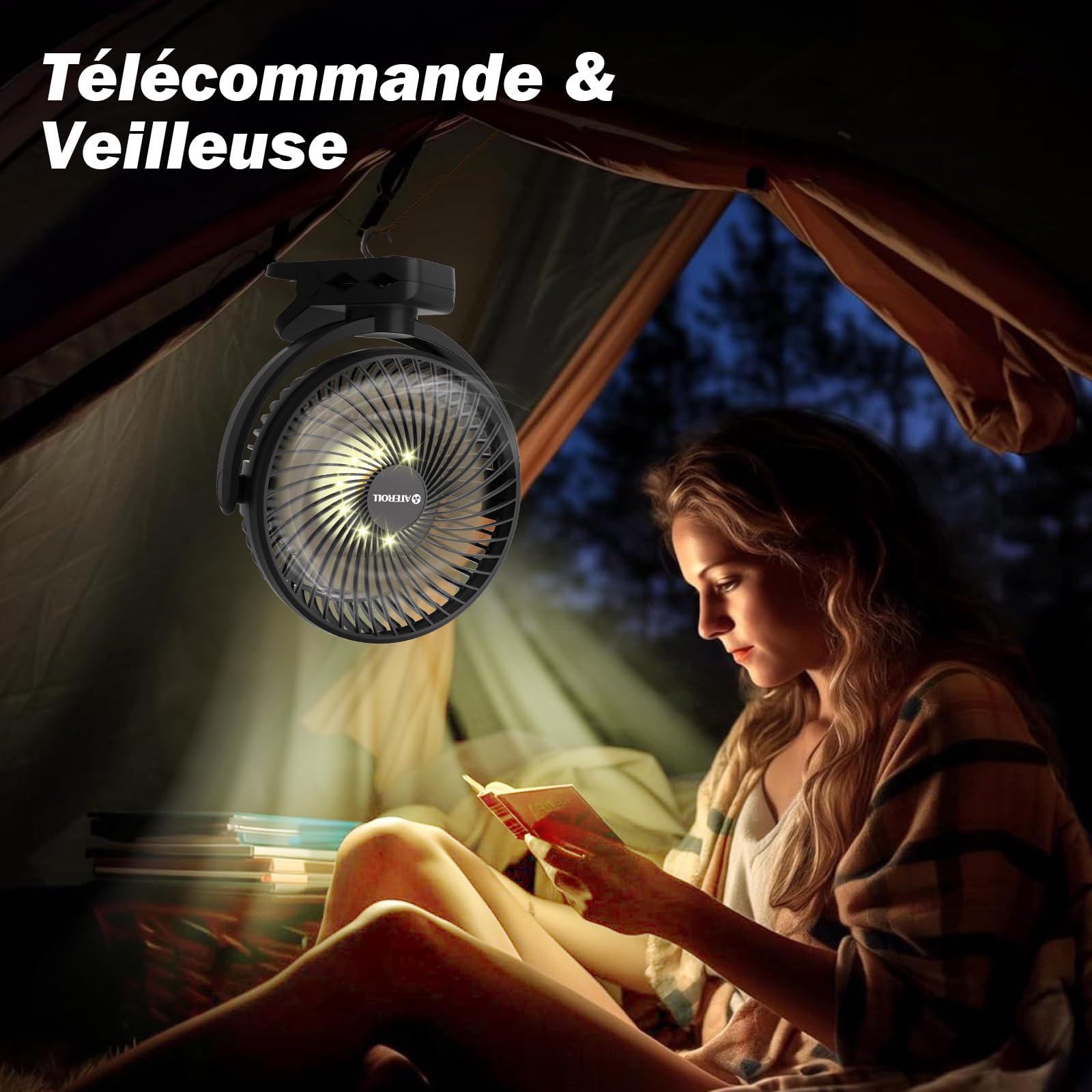 Ateroll Ventilateur de Bureau Pince 10 000 mAh Télécommande, 3 Vitesses, Batterie USB Minuterie & Lumières LED, Rotation à 360 ° Ventilateur Portable Silencieux Alimenté Piles pour Voiture, Camping