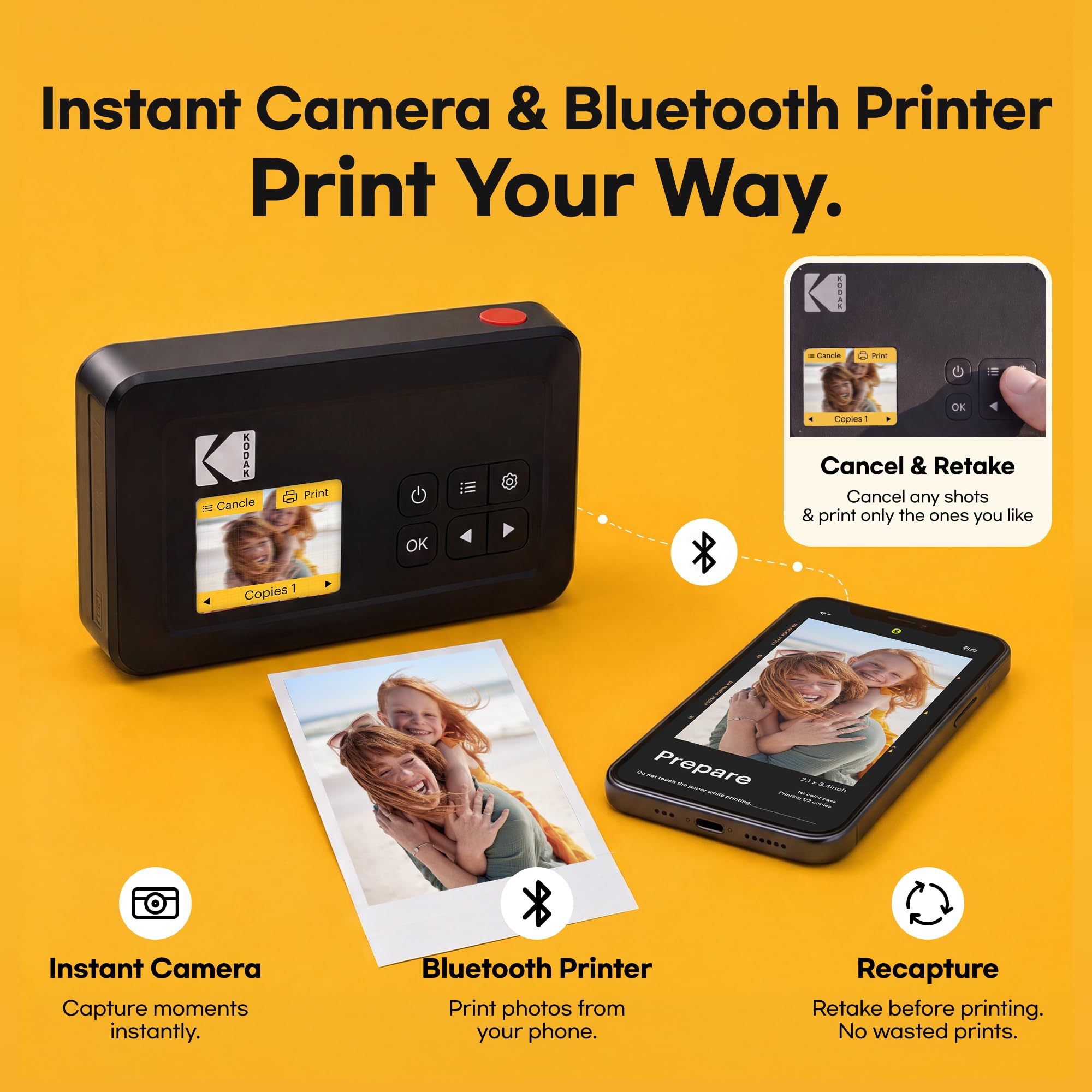 Amazon.com: KODAK Mini Shot 2 Retro 2x3 Instant Camera, 38 Sheets