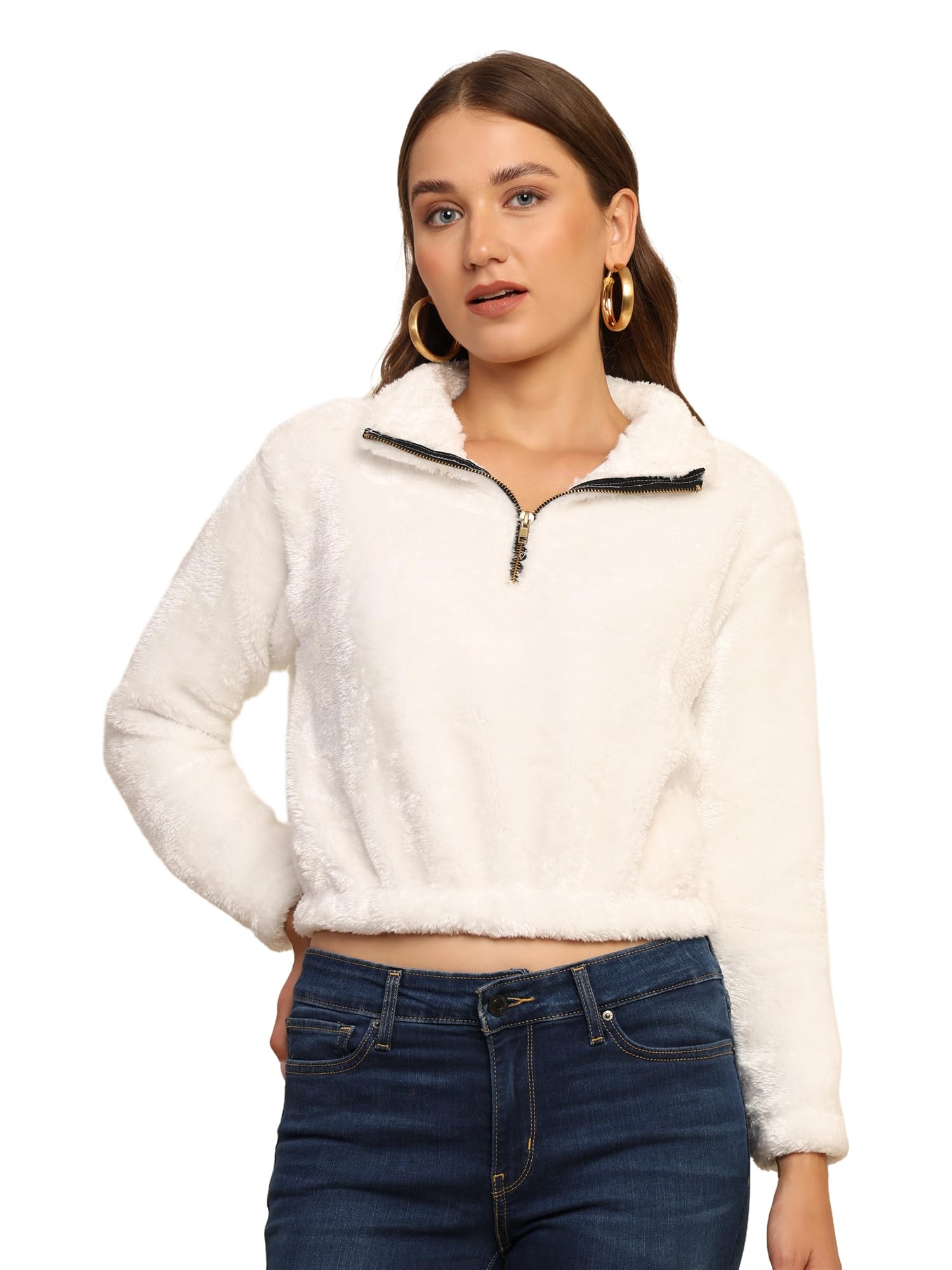 Black Fur Women Crop Hoodie,Winter Wear-image-0