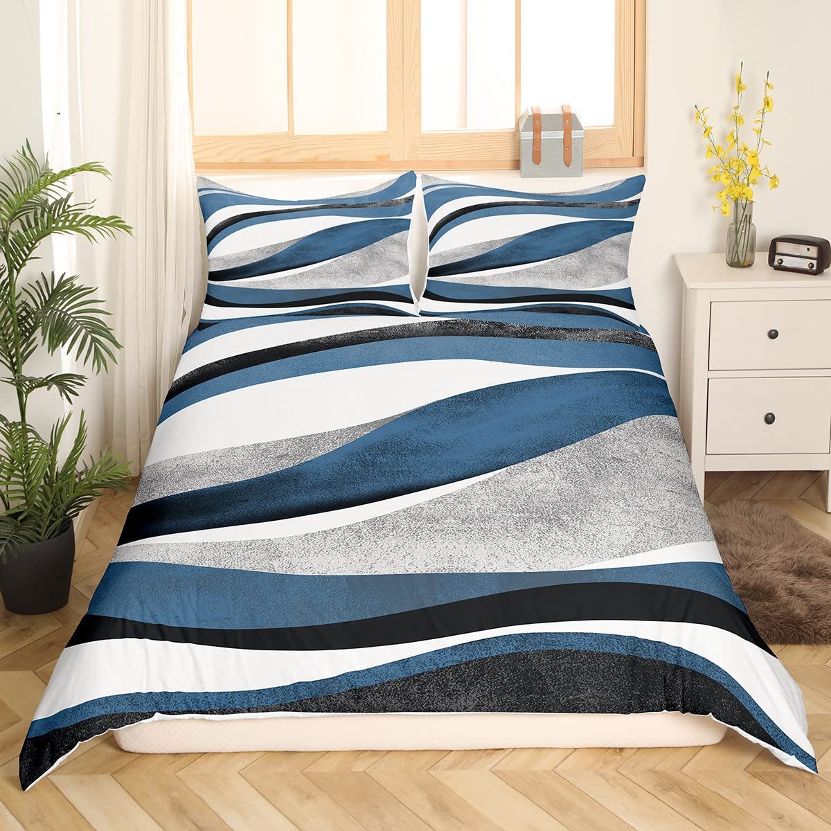 Parure de lit super king size en microfibre bleue et grise à rayures