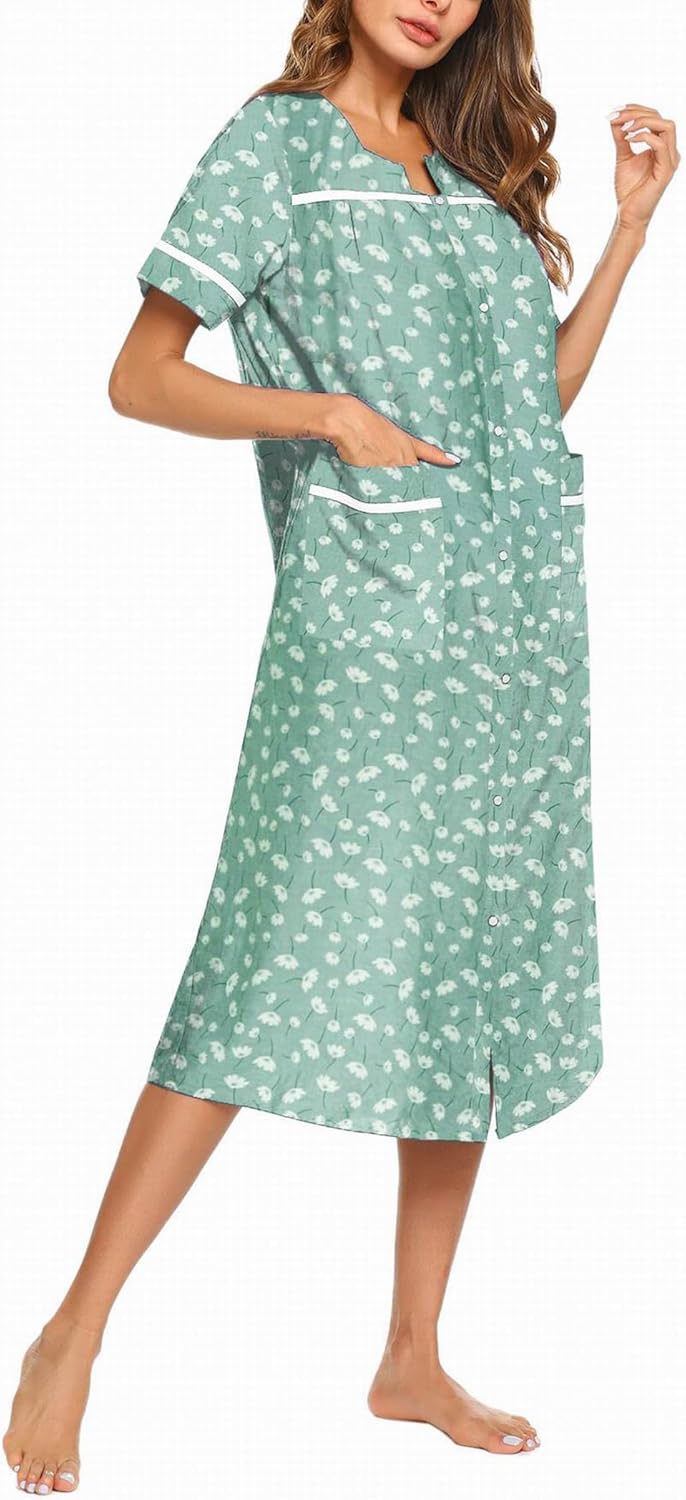 Ekouaer Womens Snap Front Dusters Cotton Housecoat Short Sleeve Nightgown House Dress With Pockets - Image 2