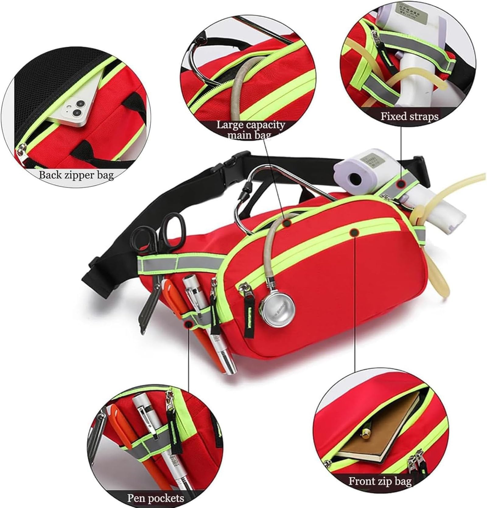 Bolsa Portátil De Primeros Auxilios, Bolsa de Trauma Médica con Correa de Cintura Ajustable y Bolsillos con Cremallera,Bolsa de Viaje de Cintura de Rescate de Emergencia Impermeable al Aire Libre