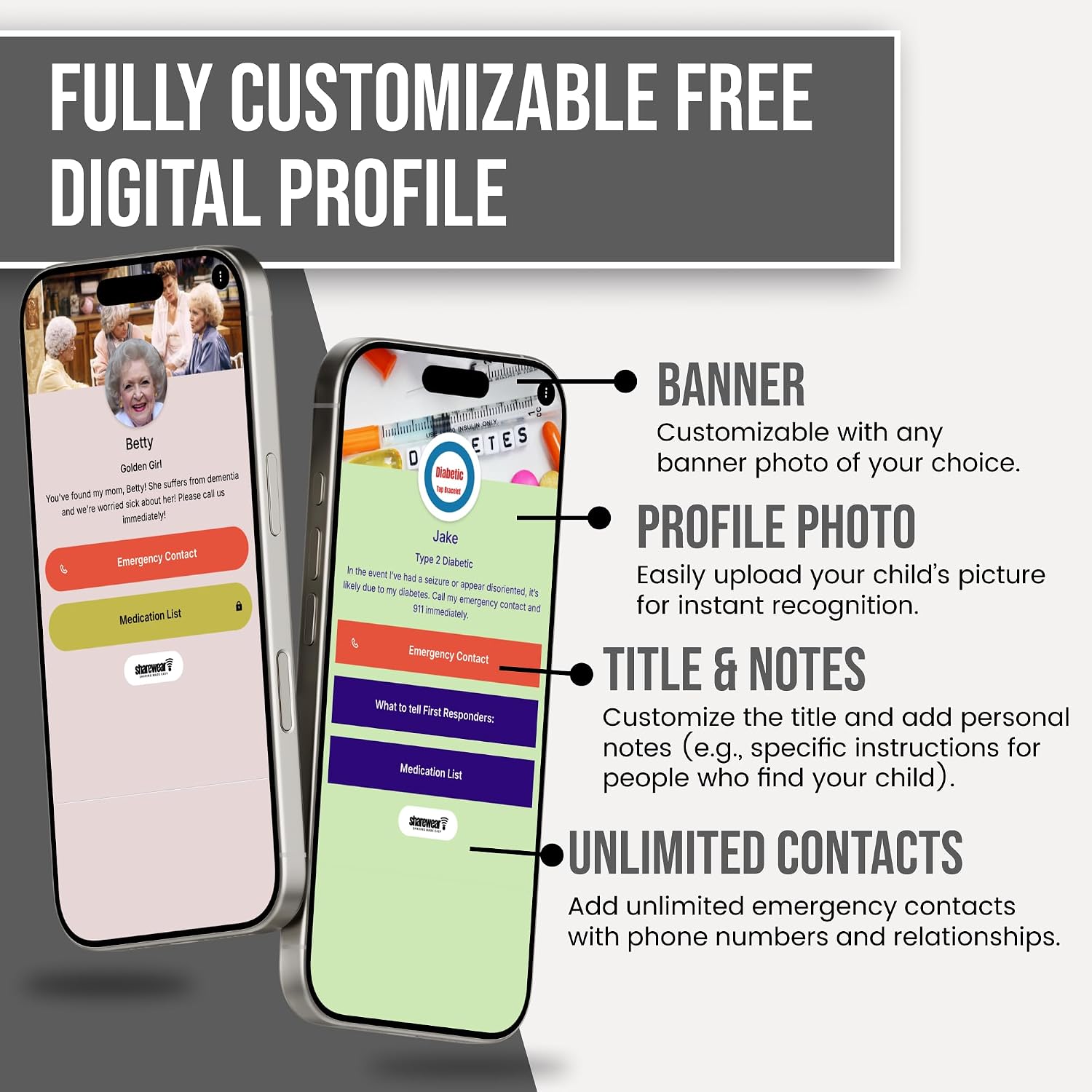 Medical Alert Bracelet, NO SUBSCRIPTION Medical ID Smart Bracelets for Women & Men, FREE Editable Digital Profile, Silicone and Waterproof, No charging or batteries
