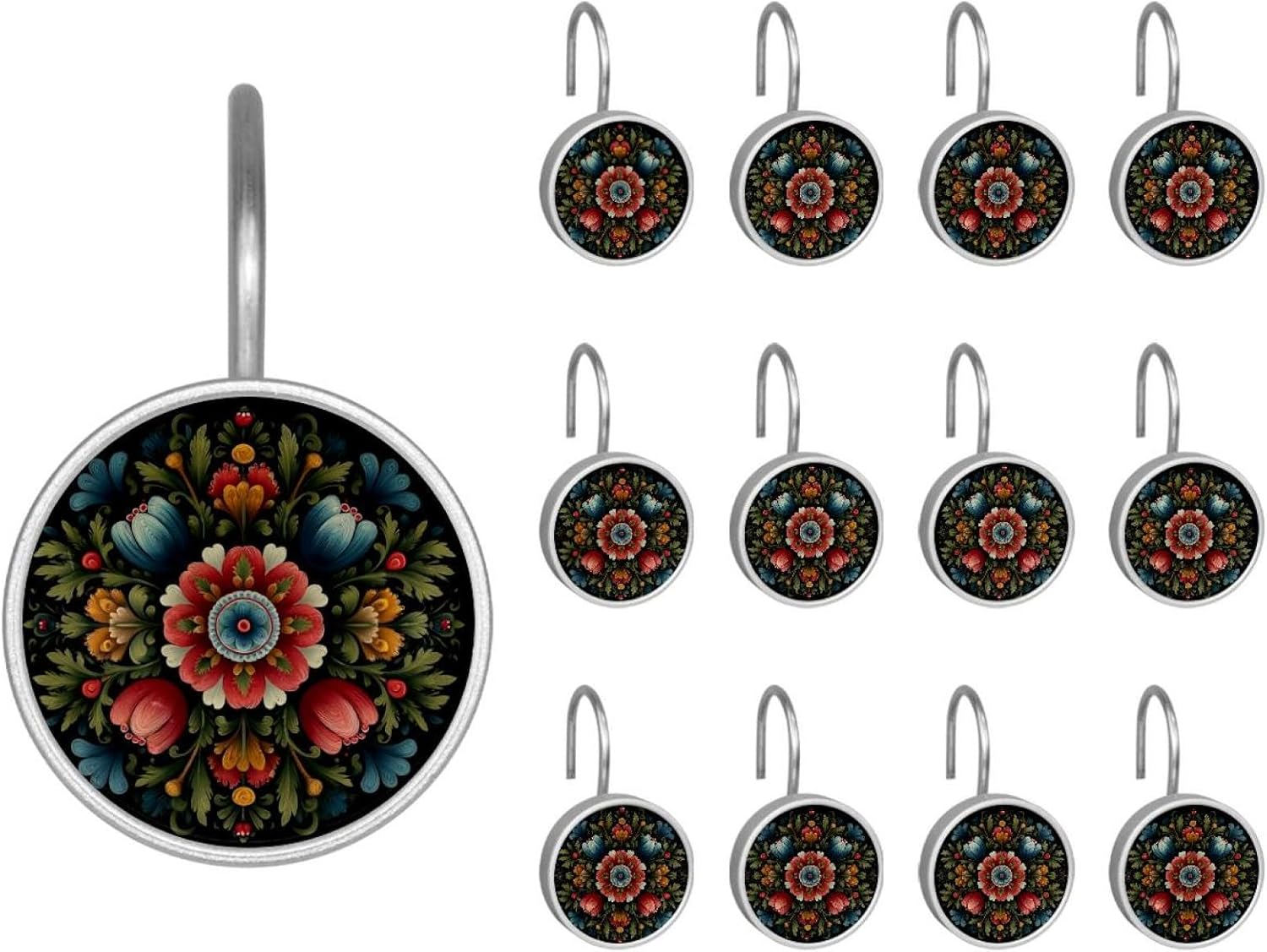 12PCS Norwegian Rosemaling Folk Style Flower (61) Shower Curtain Hooks Metal Rust Resistant Decorative Shower Curtain Hooks Bathroom Decorations