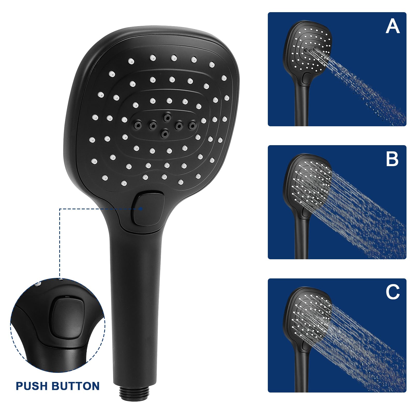NearMoon Cabezal de ducha con manguera, cabezal de ducha de lluvia de acero inoxidable de alta presión y 3 ajustes de pulverización de mano con botón de control de flujo (juego de cabezal de ducha