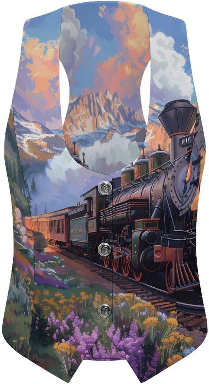 Steam Engine Train Women's Tuxedo Waistcoat Suit Vest | 3 Button V-Neck Slim Fit Casual Sleeveless Top