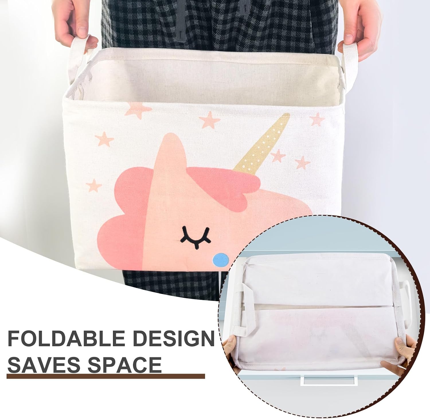 Mziart Cute Unicorn Pink Basket Empty, Rectangle Kids Storage Basket with Handles, Collapsible Nursery Baby Toy Basket for Boys Girls Room Decor, Canvas Storage Bin for Books, Clothes, Shelf, Gifts