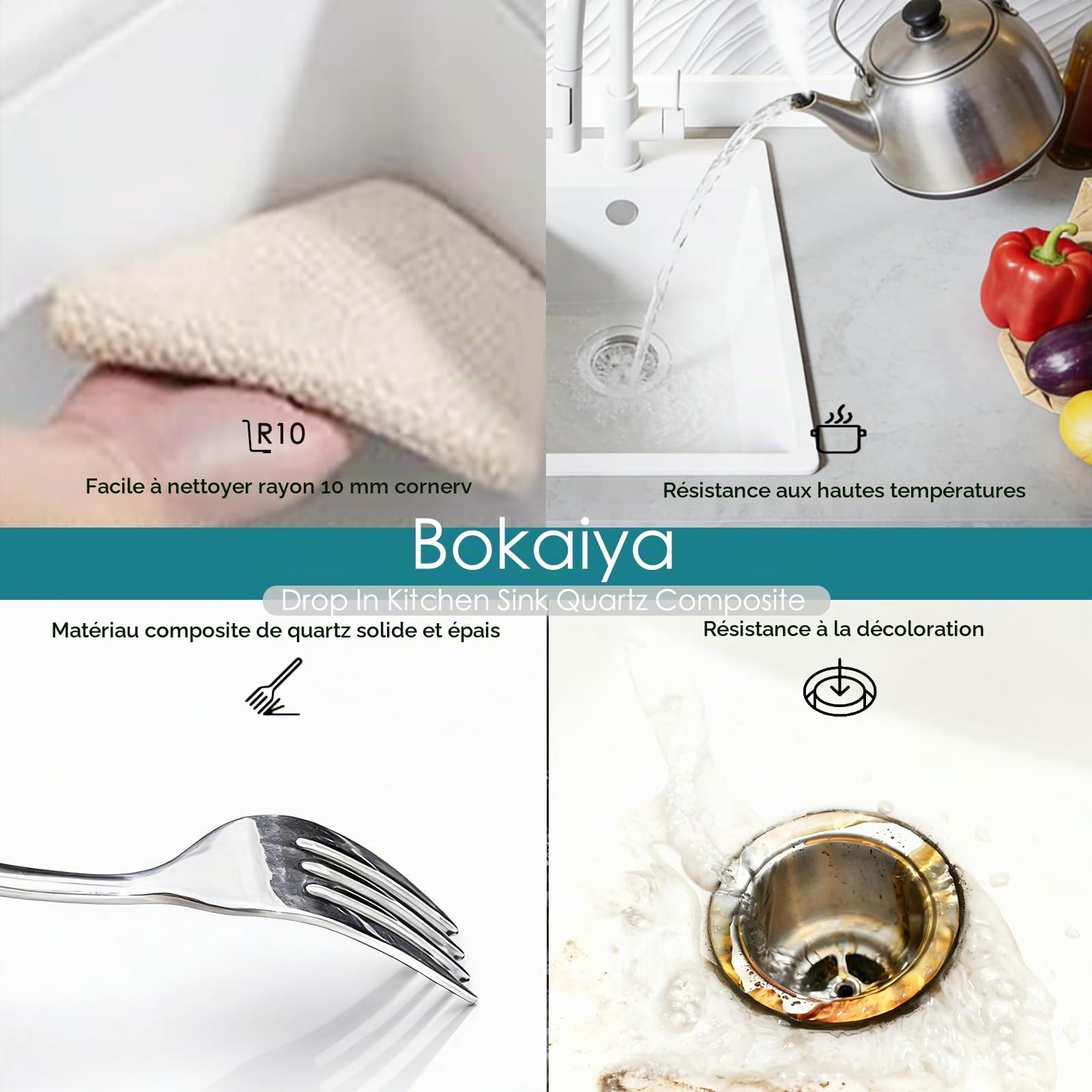 Evier Cuisine en Granit Blanc 38x50cm, Lavabo 1 bac, Évier à Encastrer Mueble 40cm, avec Bonde et Kit de Trop-Plein, Grille Enroulable et Siphon
