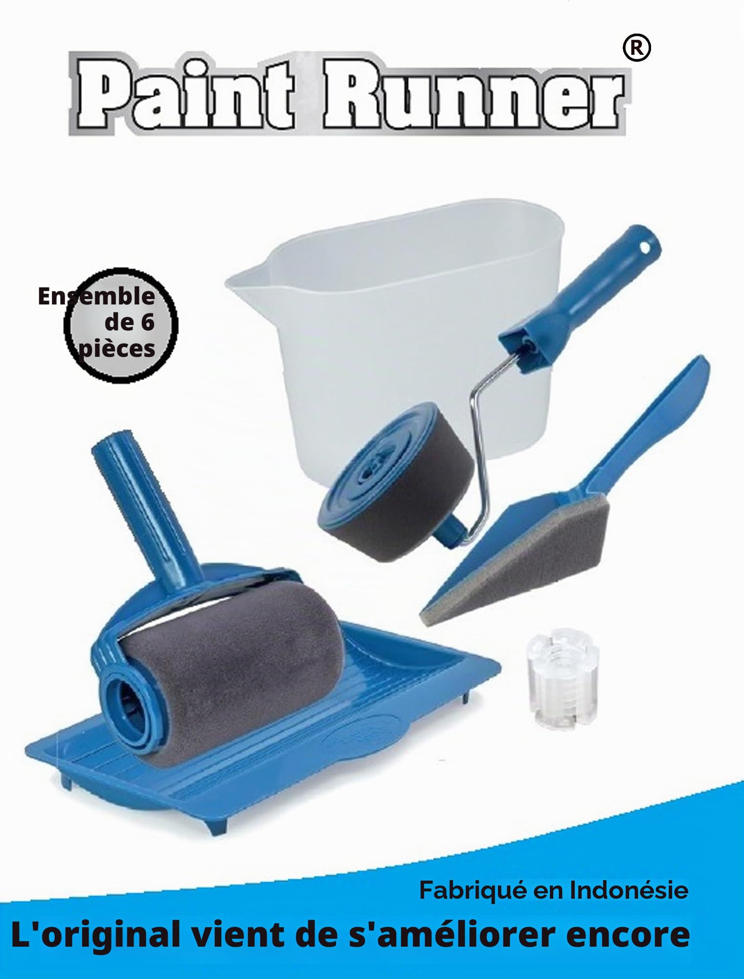 a Registered Trademark, Ultimate Paint Roller System - 6 pc Set, Paint continuously Without Dipping & Dripping & no Mess. Made in Indonesia. The Original Product