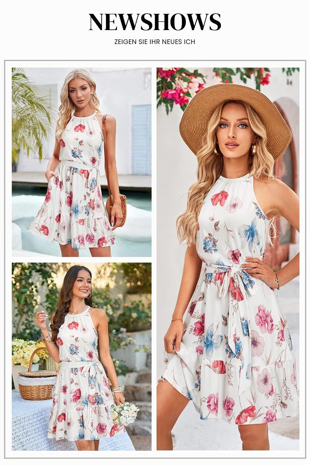 Newshows Sommerkleider Damen Knielang Elegant Kleid Blumenmuster Neckholder Rüschen Freizeitkleider mit Taschen