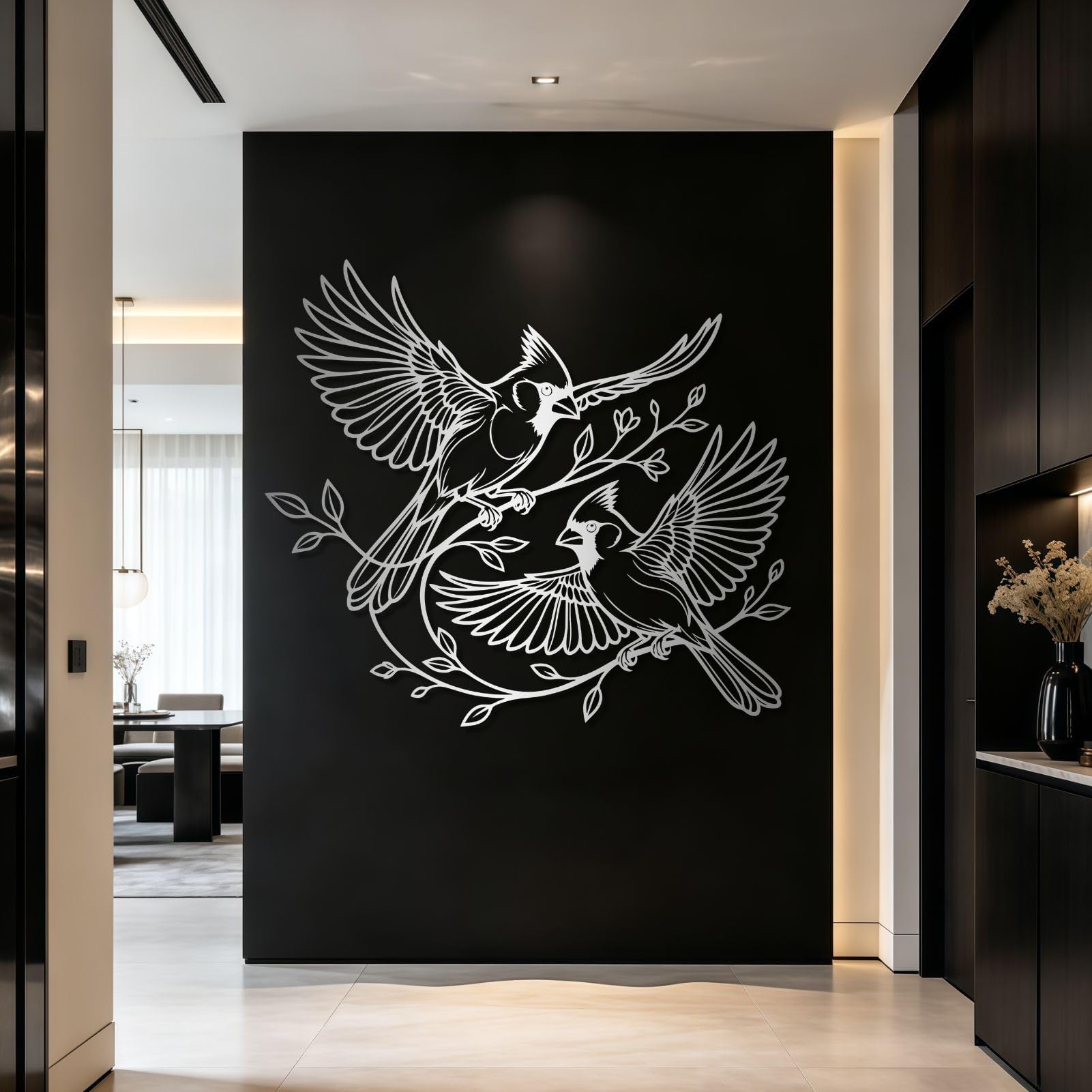 Schwarze Kardinäle als Wanddeko aus Metall, rustikales Wandbild mit Zwei Kardinälen aus Metall, Moderne Vogelskulptur für Wohnzimmer, Schlafzimmer, Flur und Treppenhaus (Silber, 48 cm breit)