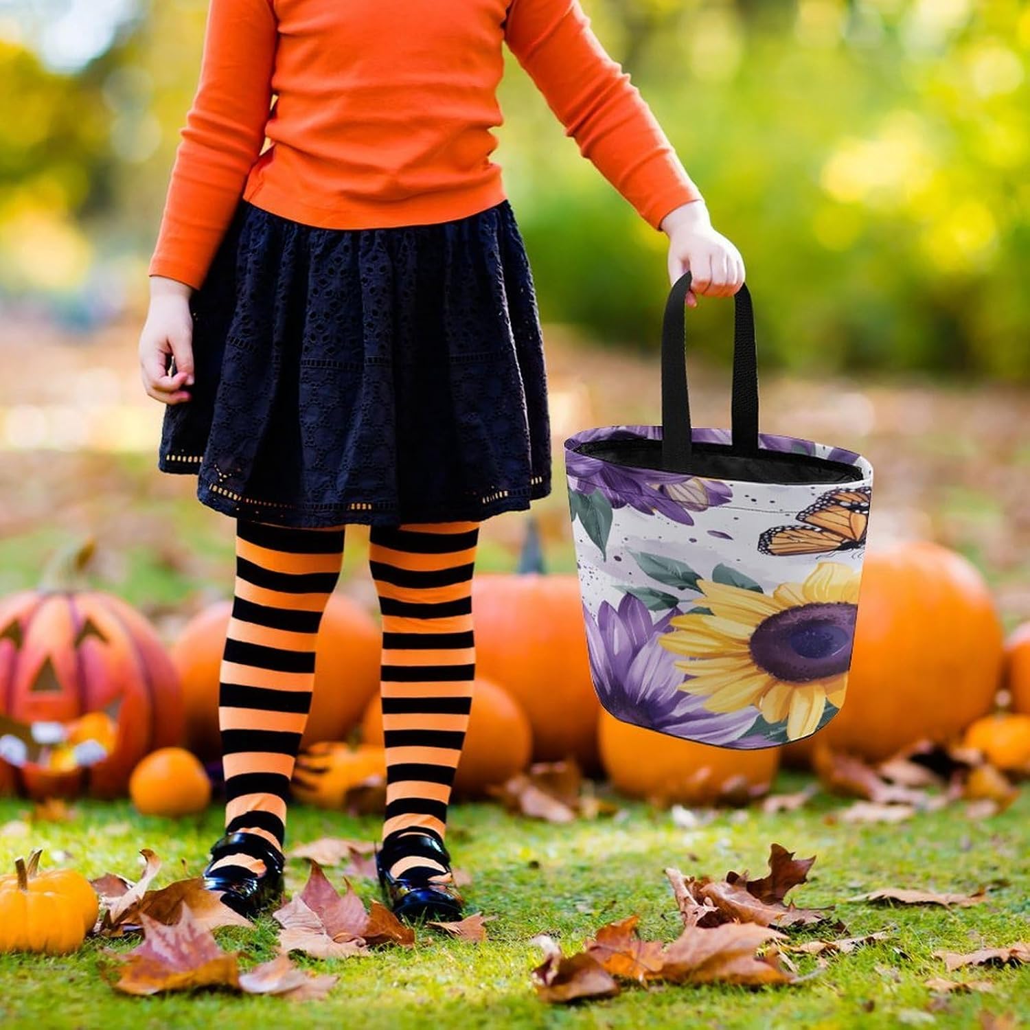 Butterfly Purple Sunflowers Halloween Treat Bag Reusable Candy Basket Tote Goody Bags Gift Party