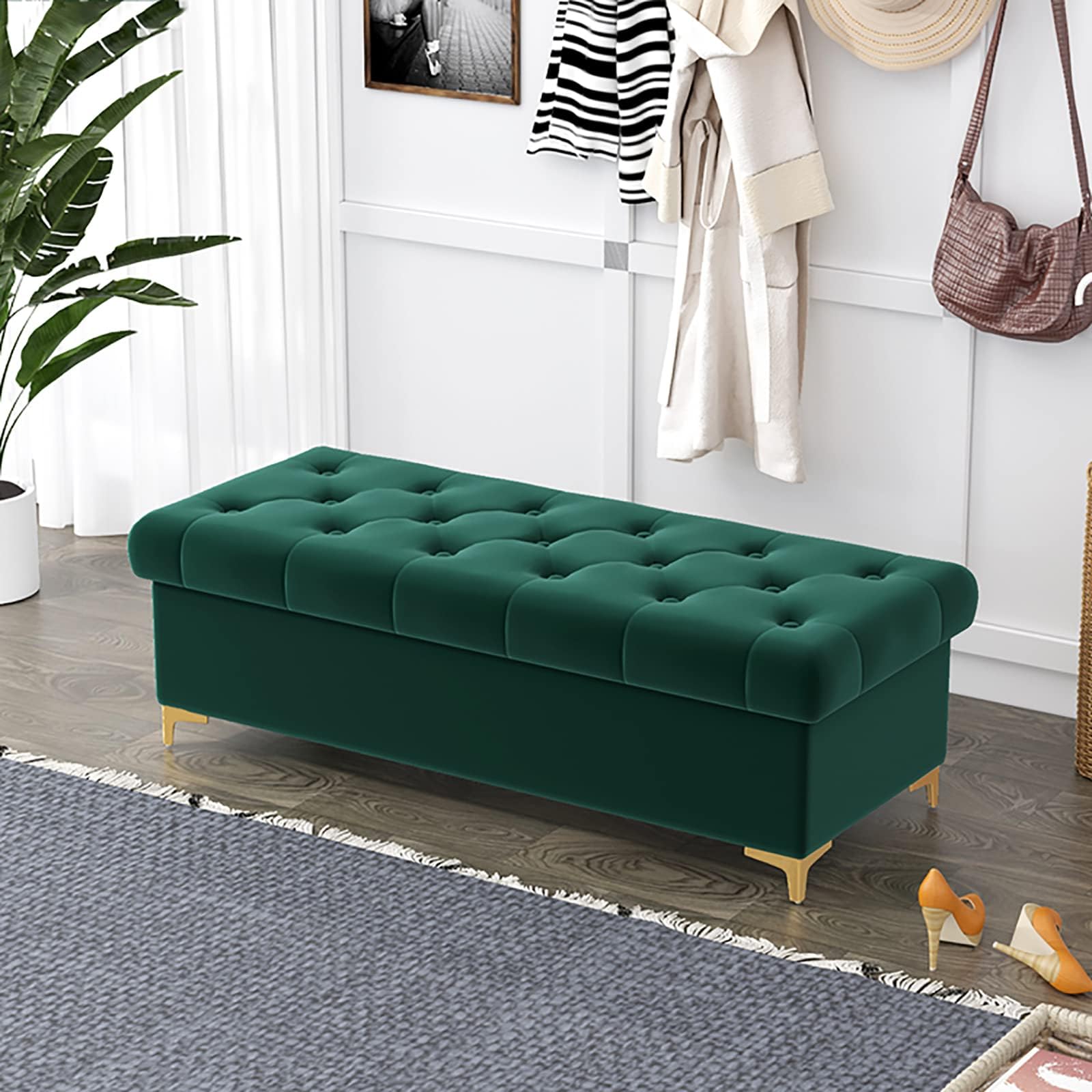 Banc de rangement contre le désordre, coffre vert de 60 cm pour optimiser les petits salons