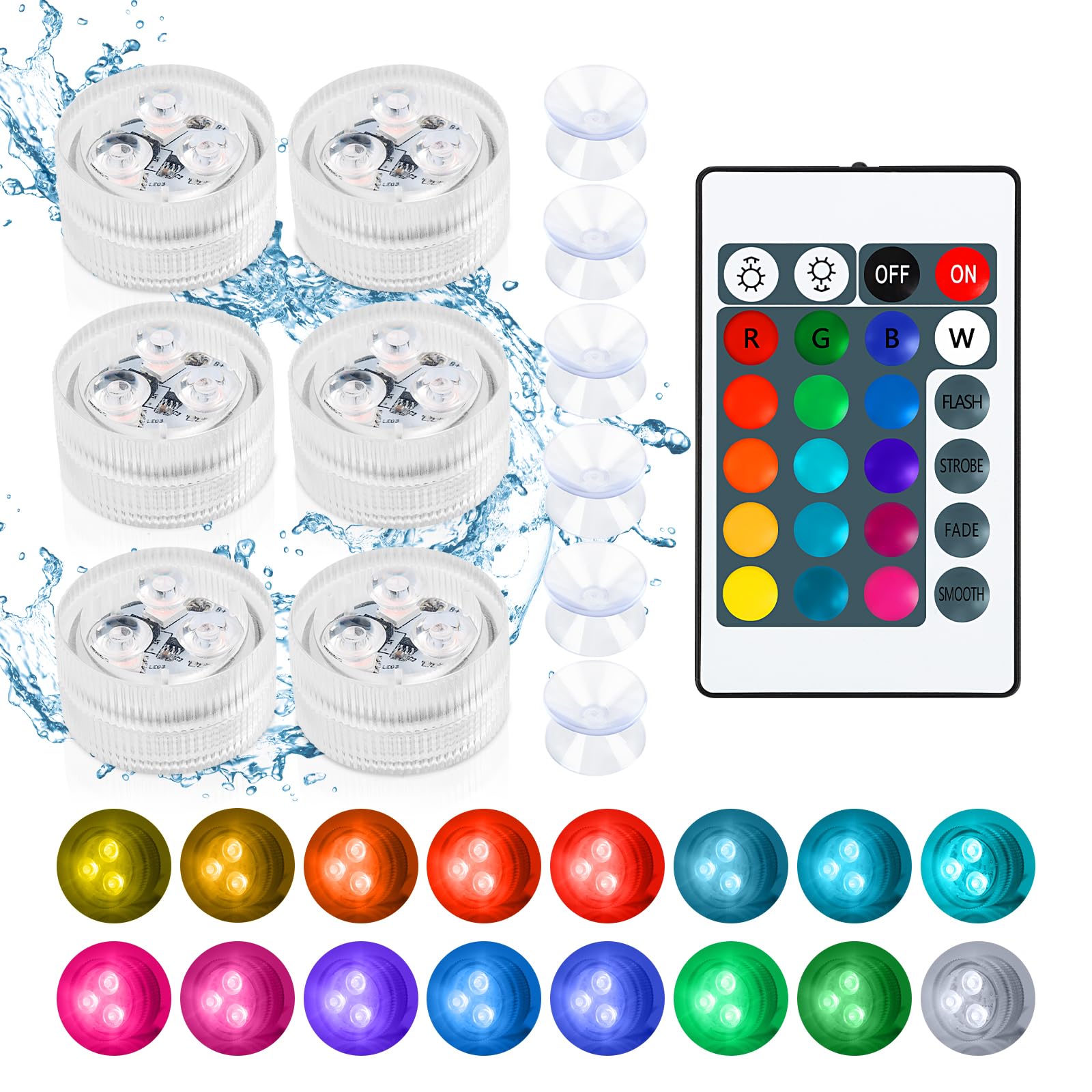 LED Teelichter 6 Stück Mit 4 Modi 16 RGB Farben - Wasserdichte Lichter Mit Fernbedienung und 6 Saugnäpfen, IP68 Unterwasser Kerzen für Aquarium, Pool, Teich, Garten, Party
