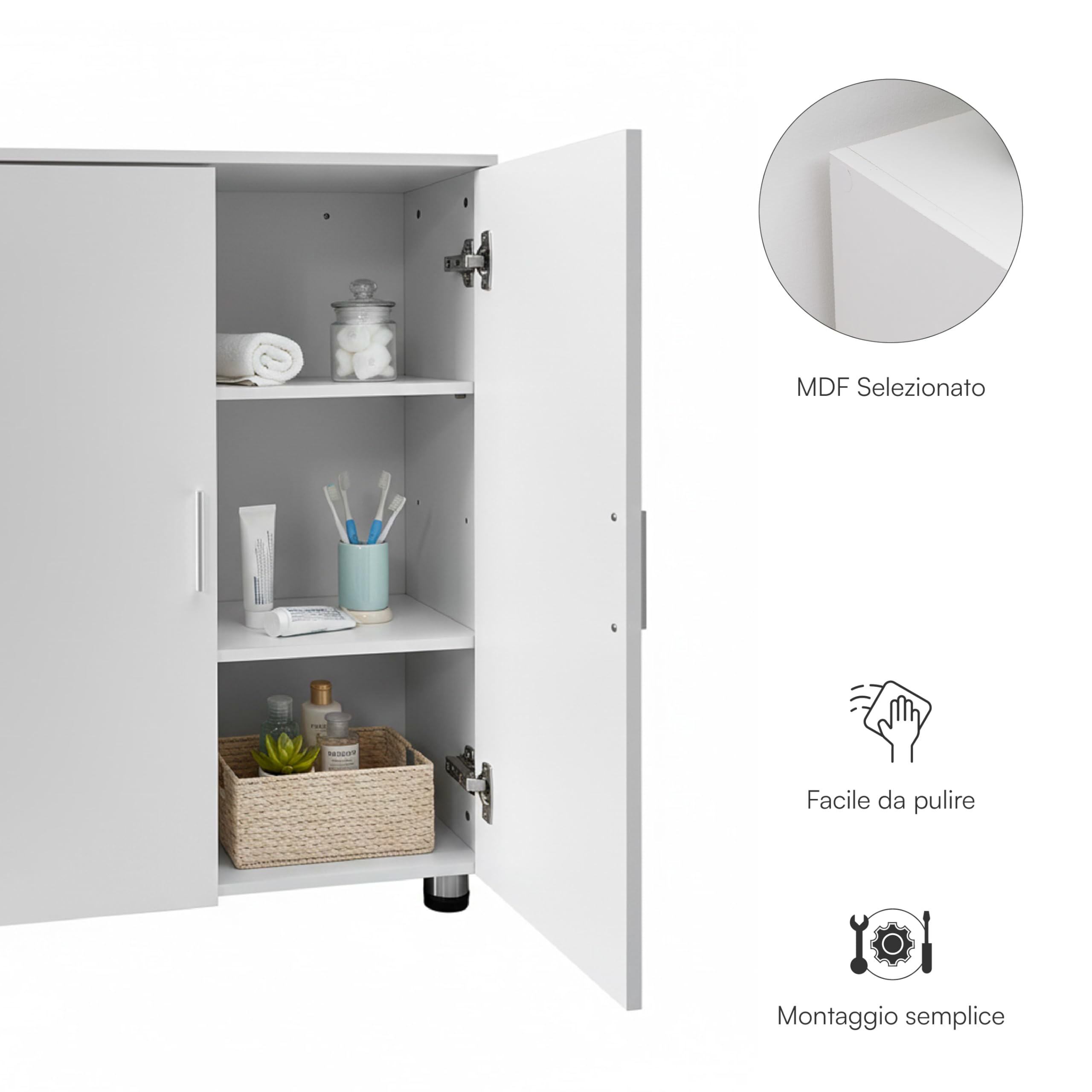 Baroni Home Mobile Bagno a 2 Ante con 3 Scomparti Interni, Armadietto Salvaspazio in MDF con Maniglie e Piedi in Acciaio, Mobile Multiuso per Bagno e Lavanderia, 30x60x82 cm (Bianco)