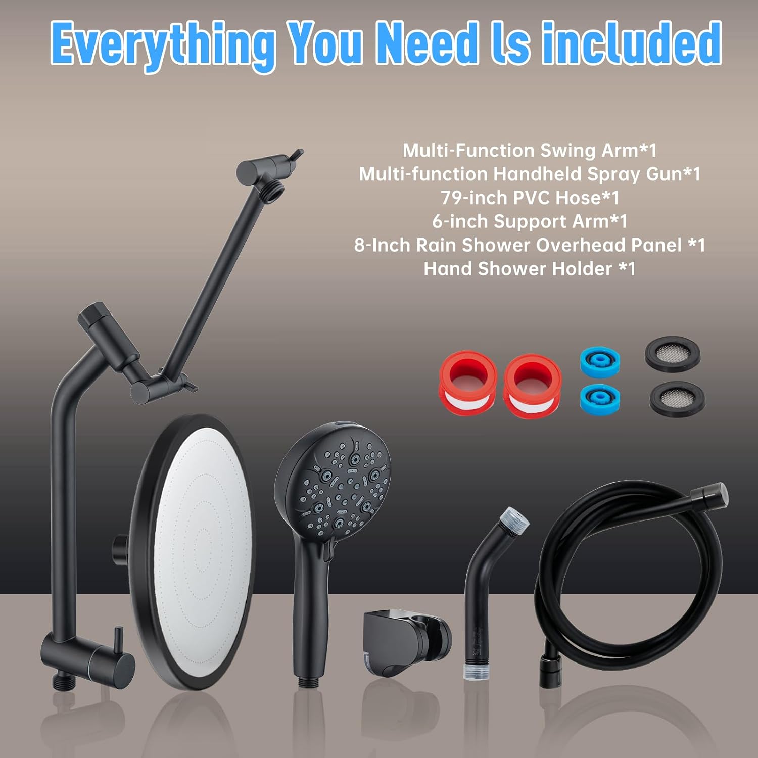 JoyRain High Pressure Shower Combo for All Bathroom Styles, 8-Spray Handheld with Spray Gun, Extension Arm & 78-Inch Hose (Multi-Function Shower Arm with 8" Rain Showerhead, Matte Black)