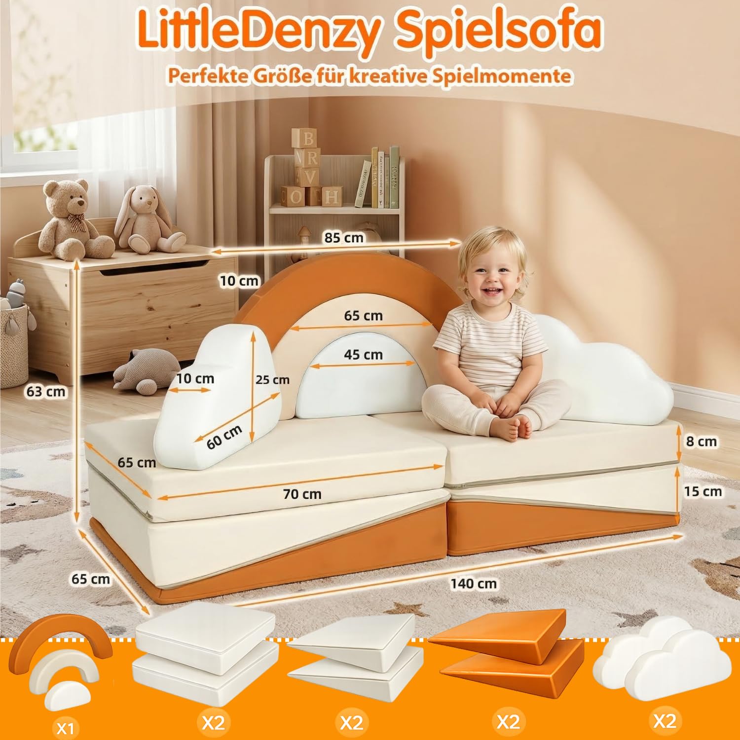 Kinder Spielsofa – 11-TLG. Modulares Kindersofa 140x65x63 cm, Samtbezug wasserabweisend, 25D PU-Schaum, Spielcouch fürs Kinderzimmer, CE EN71 & OEKO-TEX, Kinder Sofa Inkl. Sticker Geschenk