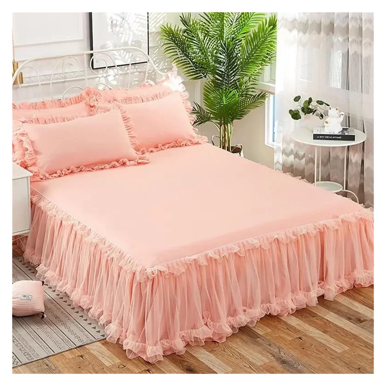 Falda de Cama Princesa, Funda colchón Antideslizante, Encaje Volantes, Falda, Colcha Protectora con 2 Fundas Almohada, 1 ud(White,Skirt 150x200cm)