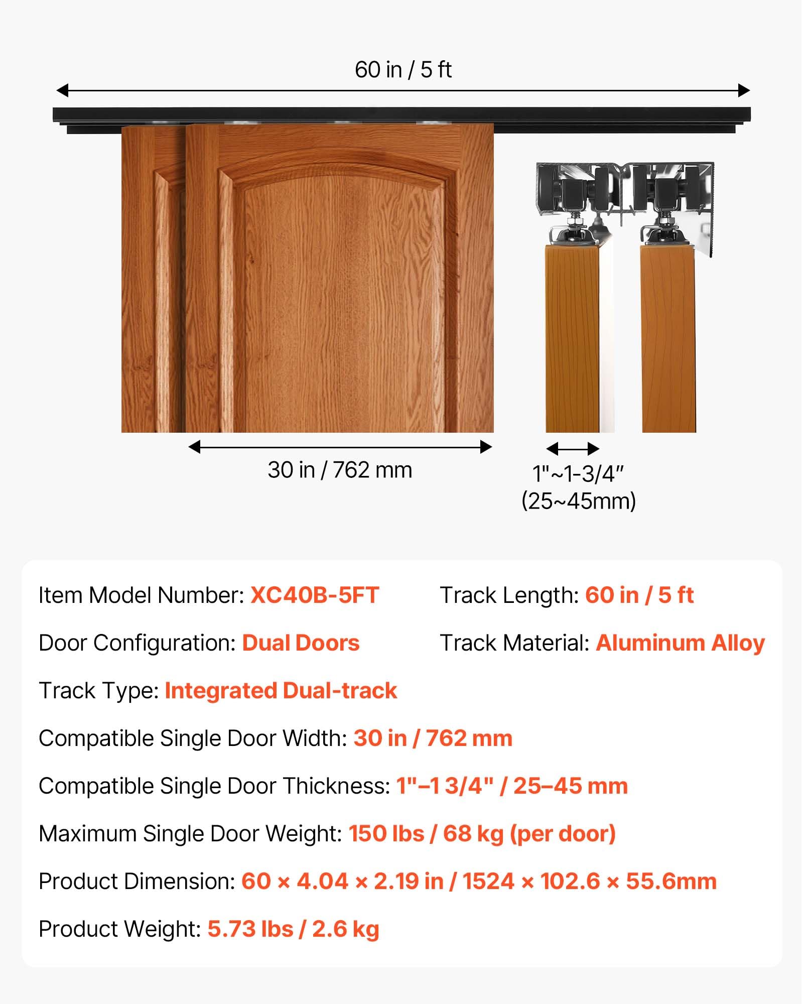 VEVOR Kit de Quincaillerie pour Porte Coulissante Parallèle, Système Coulissant pour Porte de Placard Double Rails 152,4 cm en Alliage d'Aluminium, pour Vantail Épaisseur 2,5-4,5 cm Largeur 76.2 cm