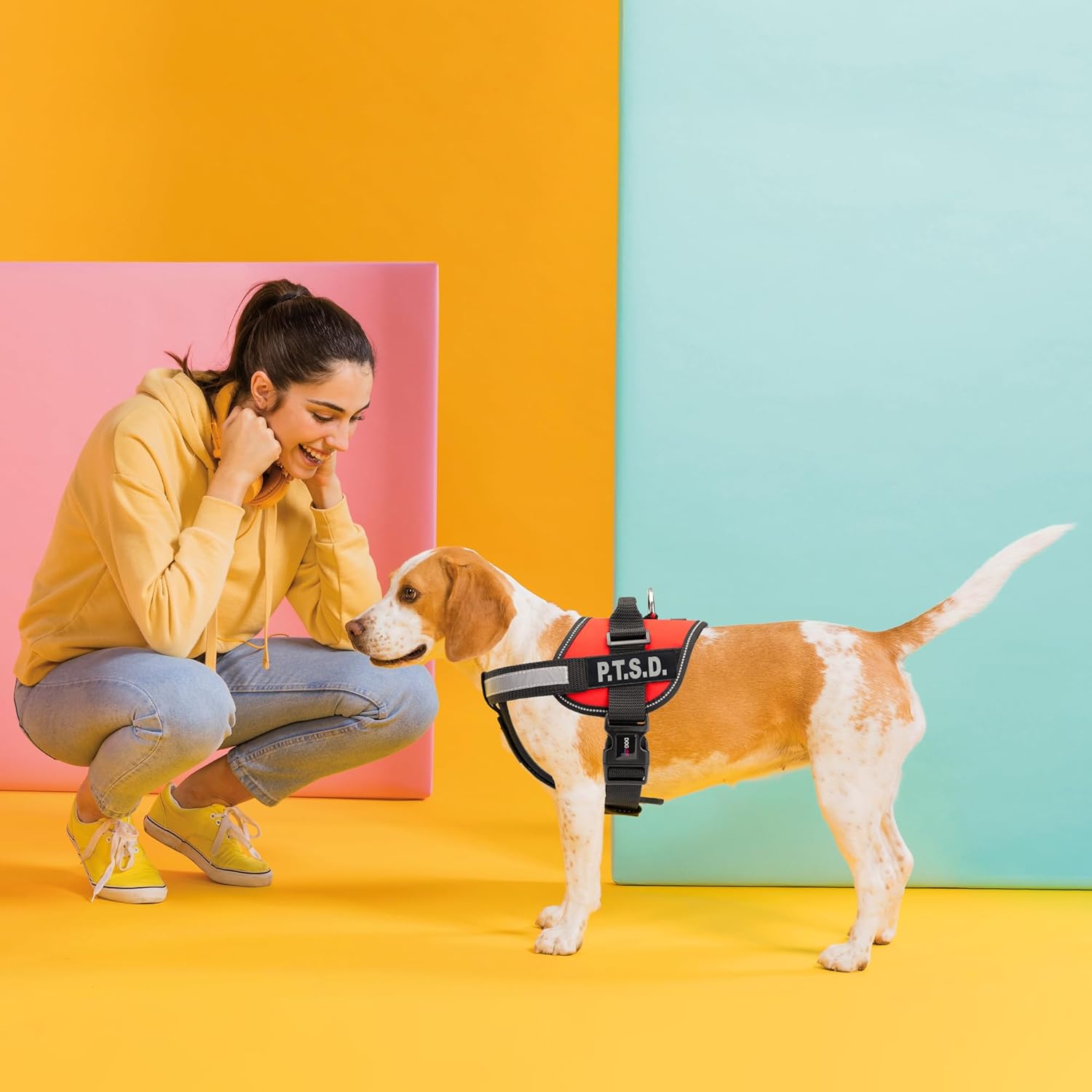 Dogline Unimax Multi-Purpose Vest Harness for Dogs and 2 Removable P.T.S.D. Patches Red Extra Girth 15"-19"