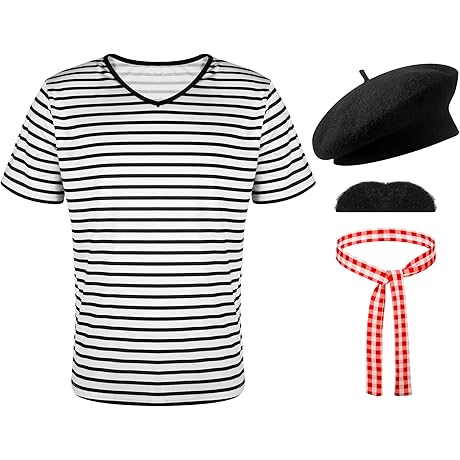 4 Pcs French Mime Costume Black and White Stripe Neck Short Sleeve...