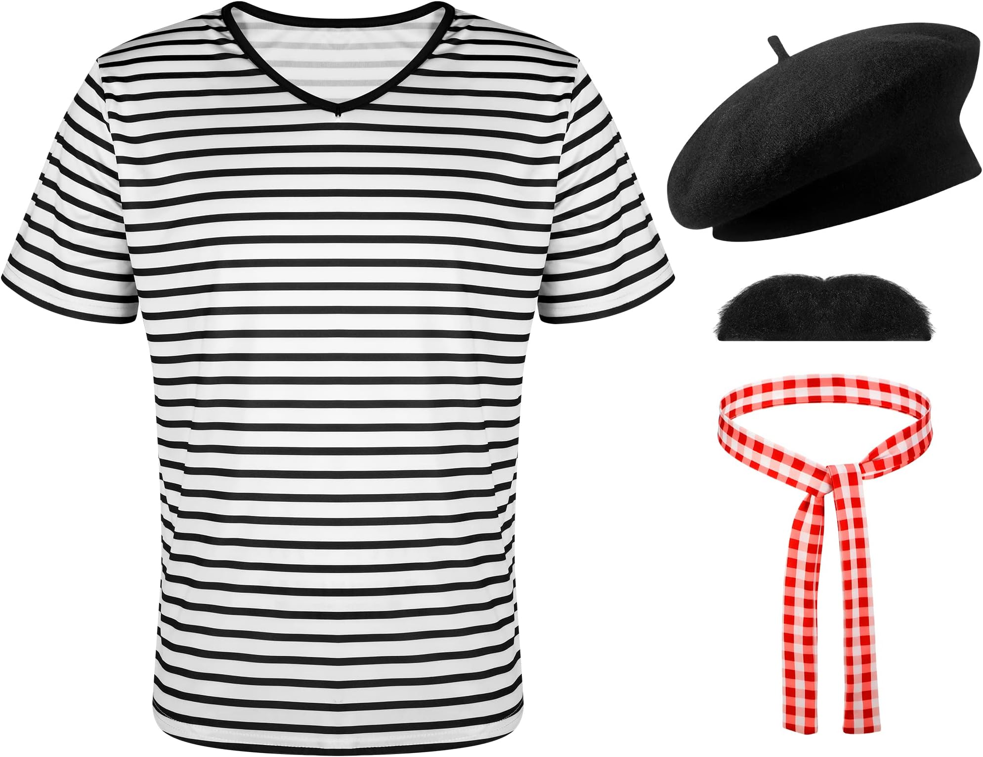 4 Pcs French Men Costume Black and White Stripe Neck Short Sleeve T Shirts Black Beret for Halloween Mardi Gras