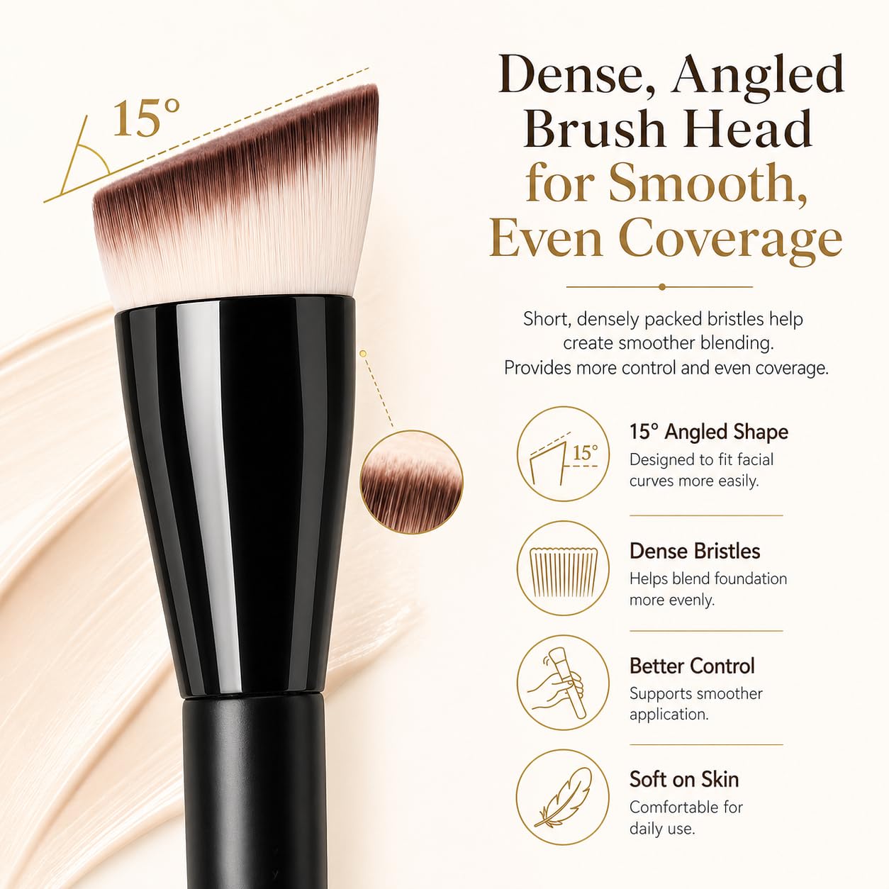 Foundation Brush and 2 Makeup Puffs Set for Liquid Foundation, Angled Flat Top Makeup Brush with Detail Refining Puffs, Dense Synthetic Bristles for Smooth Even Coverage, Cream Powder Base Makeup Tool