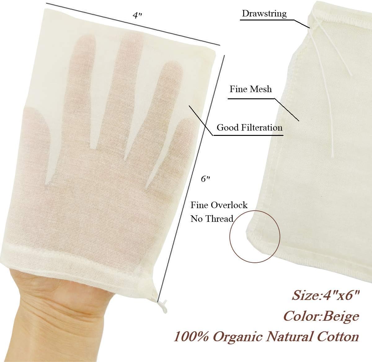 AOUXSEEM 4 Pack Small Cheesecloth Bags for Hot Milk Tea, Reusable Cold Brew Coffee Bags for Straining, Mesh Filter Cooking Bags for Spices Making Cheese, Yogurt Juice Strainer (4"x6")