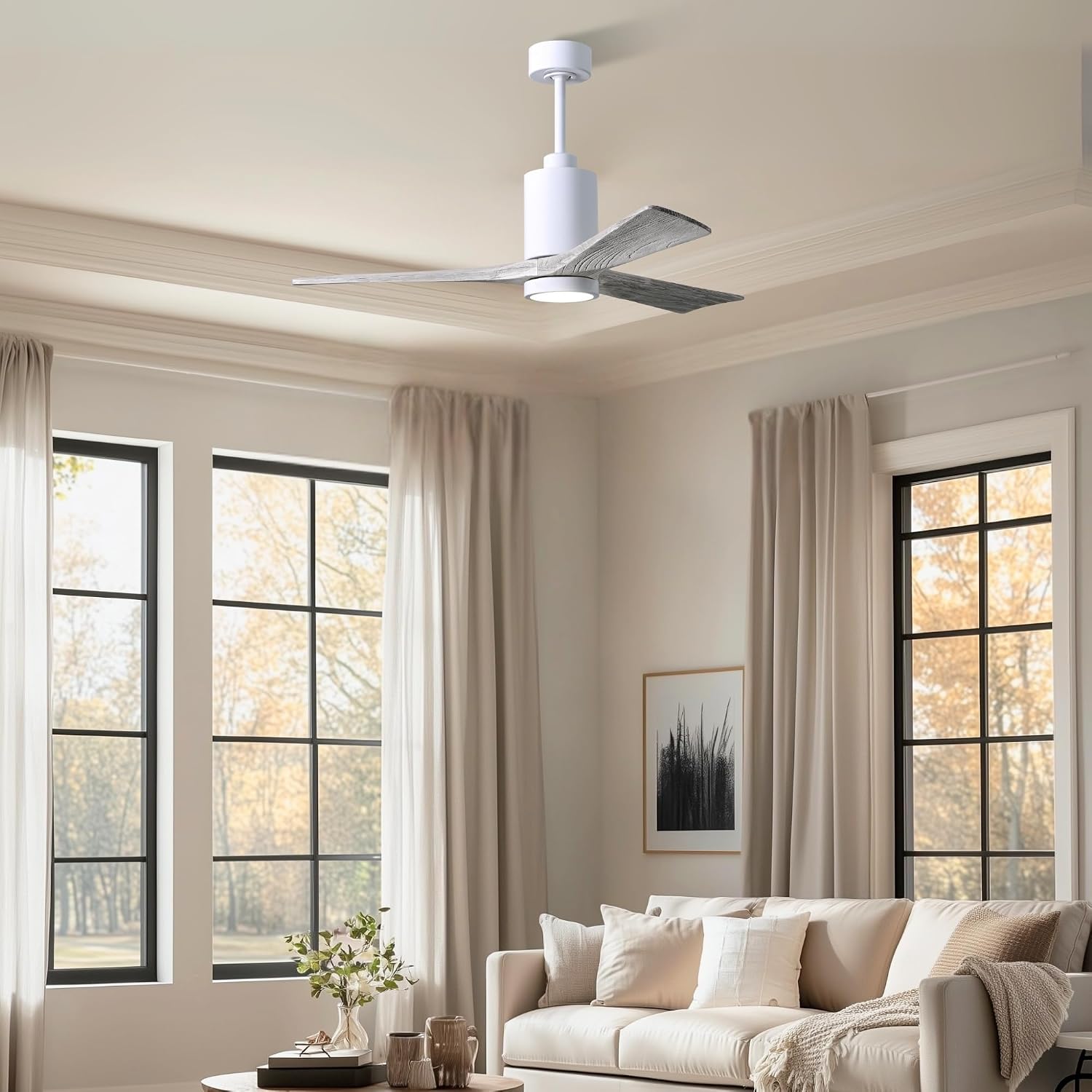 Matthews PA3-WH-BW-52 Patricia Damp Rated 52" Ceiling Fan with Light and Remote & Wall Control, 3 Barn Wood Tone Solid Wood Blades, Gloss White