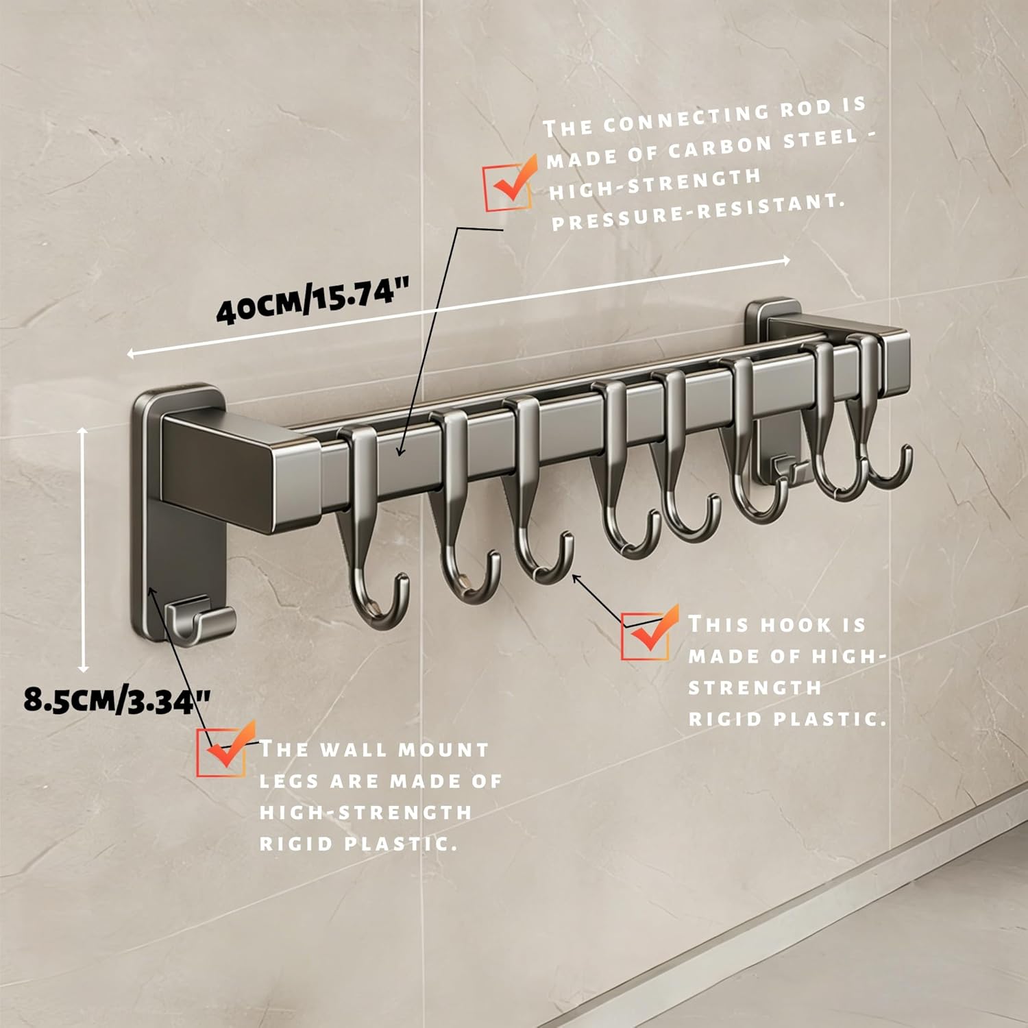 Wall Mounted No-Drill Adhesive Kitchen Rail, Heavy Duty Detachable Multifunctional Pot Pan Utensil Knife Lid Hanger with 8 Hooks for Space-Saving Kitchen Organization Knife and Lid Rack