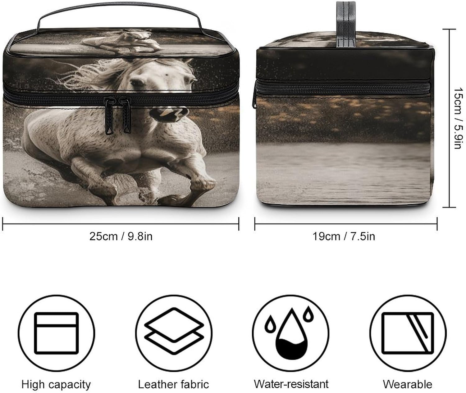 Horse Running by The Water Makeup Bag with Handle Fashion Portable Travel Toiletry Bag Exquisite Large Capacity Cosmetic Bags Lightweight Travel Accessories Storage Bags for Women image 2