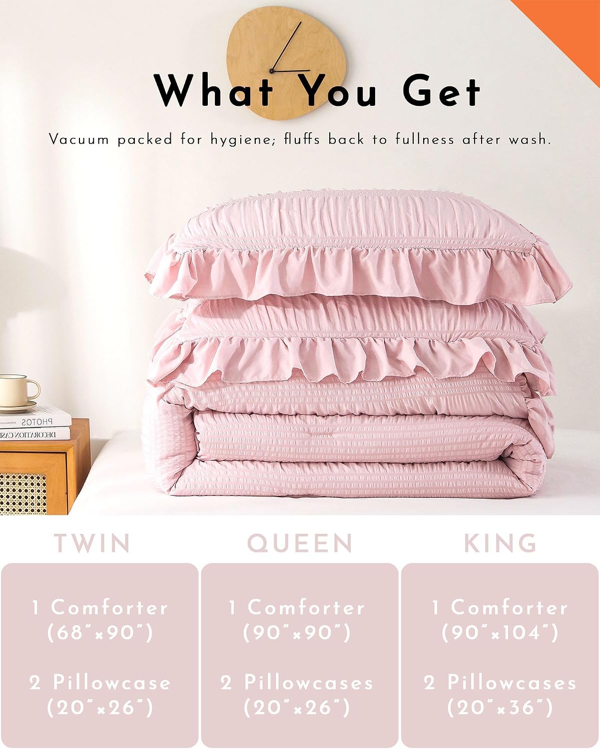 ALEISSEL Blush Pink Seersucker Comforter Twin Size with Ruffled Edges, Ultra-Soft Pink Bedding Set 3 Piece Set, Light Weight Down Alternative Comforter Set (Blush Pink,Twin 68"×90")