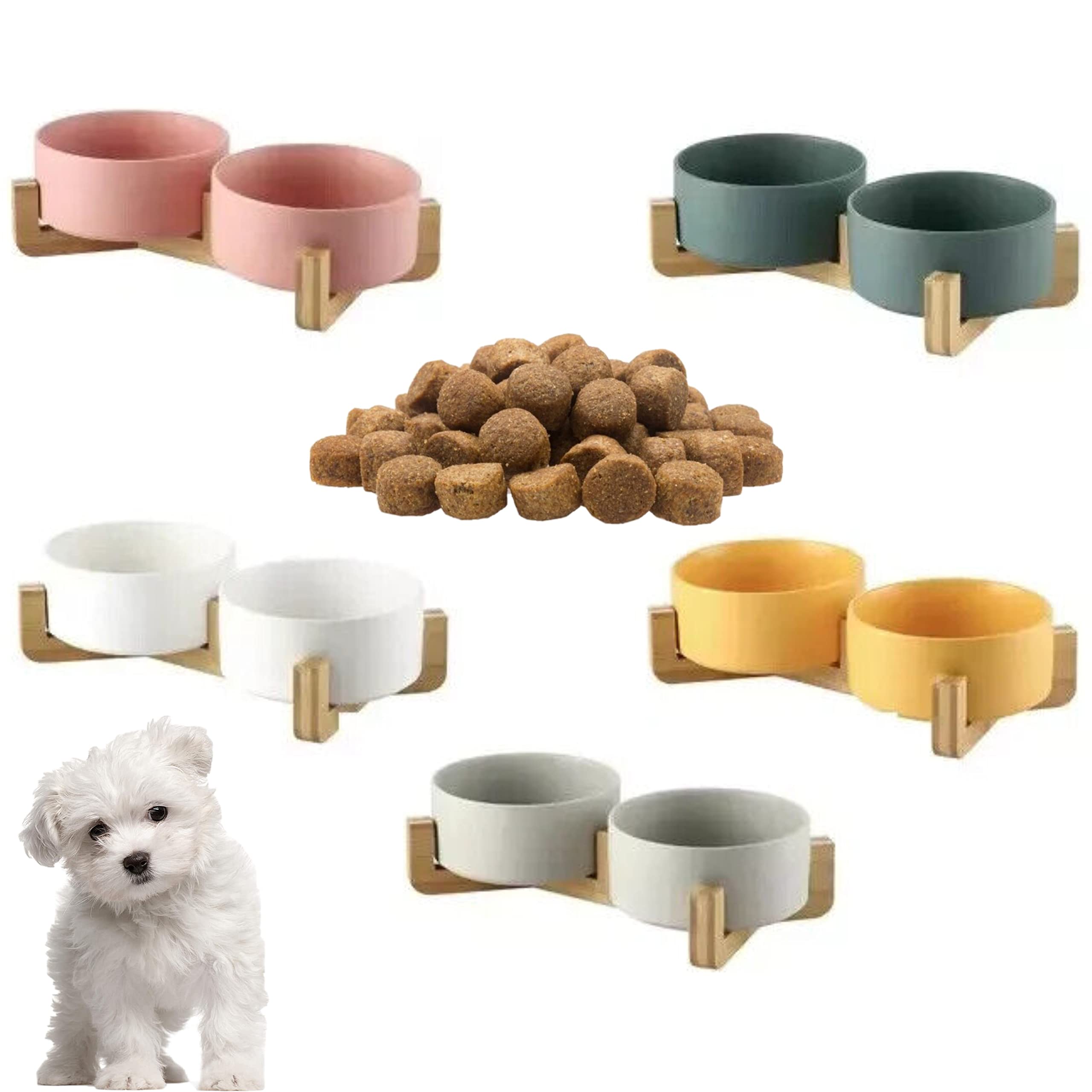 2 comederos de cerámica para perros con soporte de madera de bambú, antideslizante, comedero doble, 600 ml, para gatos y perros, cerámica, apto para lavavajillas, color blanco