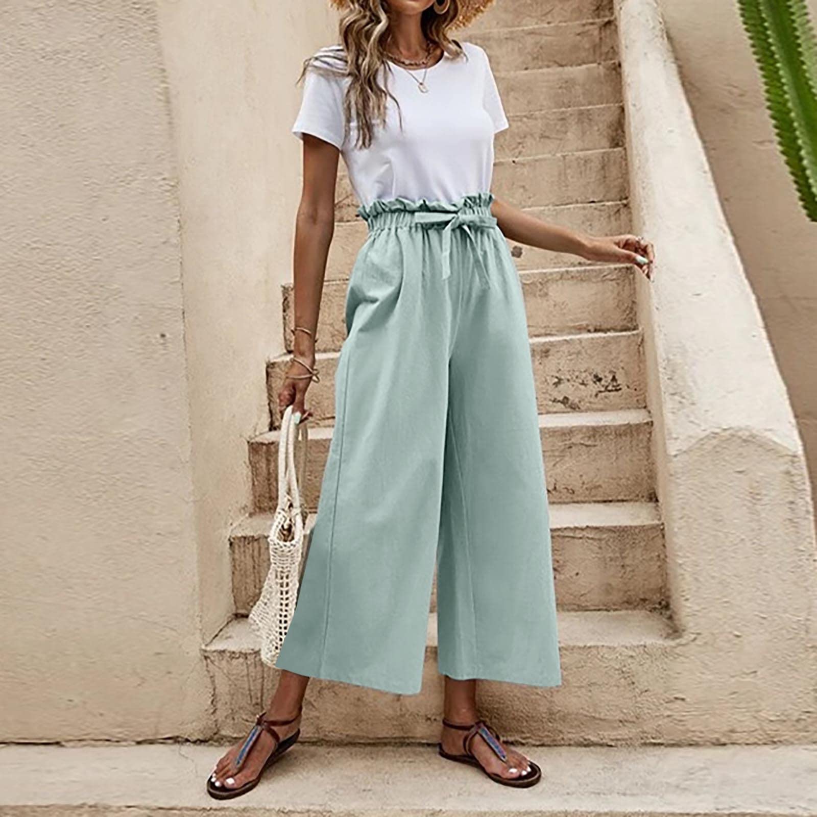 XUNRYAN Womens Summer Pants Wide Leg Linen Cotton Culottes Paper Bag Elastic Waist Sailor Pants Fashion Clothes Light Blue