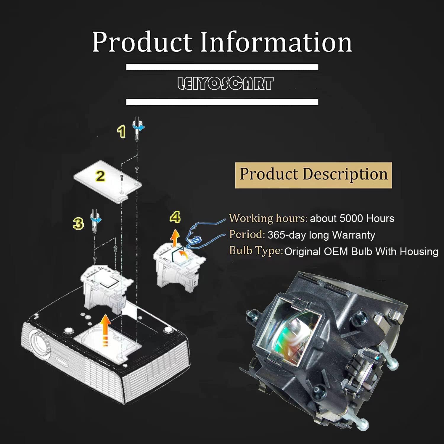 400-0402-00 Original Genuine OEM Replacement Lamp/Bulb with housing for Projection Design EVO 20SX+ / EVO 22SX+ / EVO2 / EVO2 SX+ Projector - 1 Year Warranty